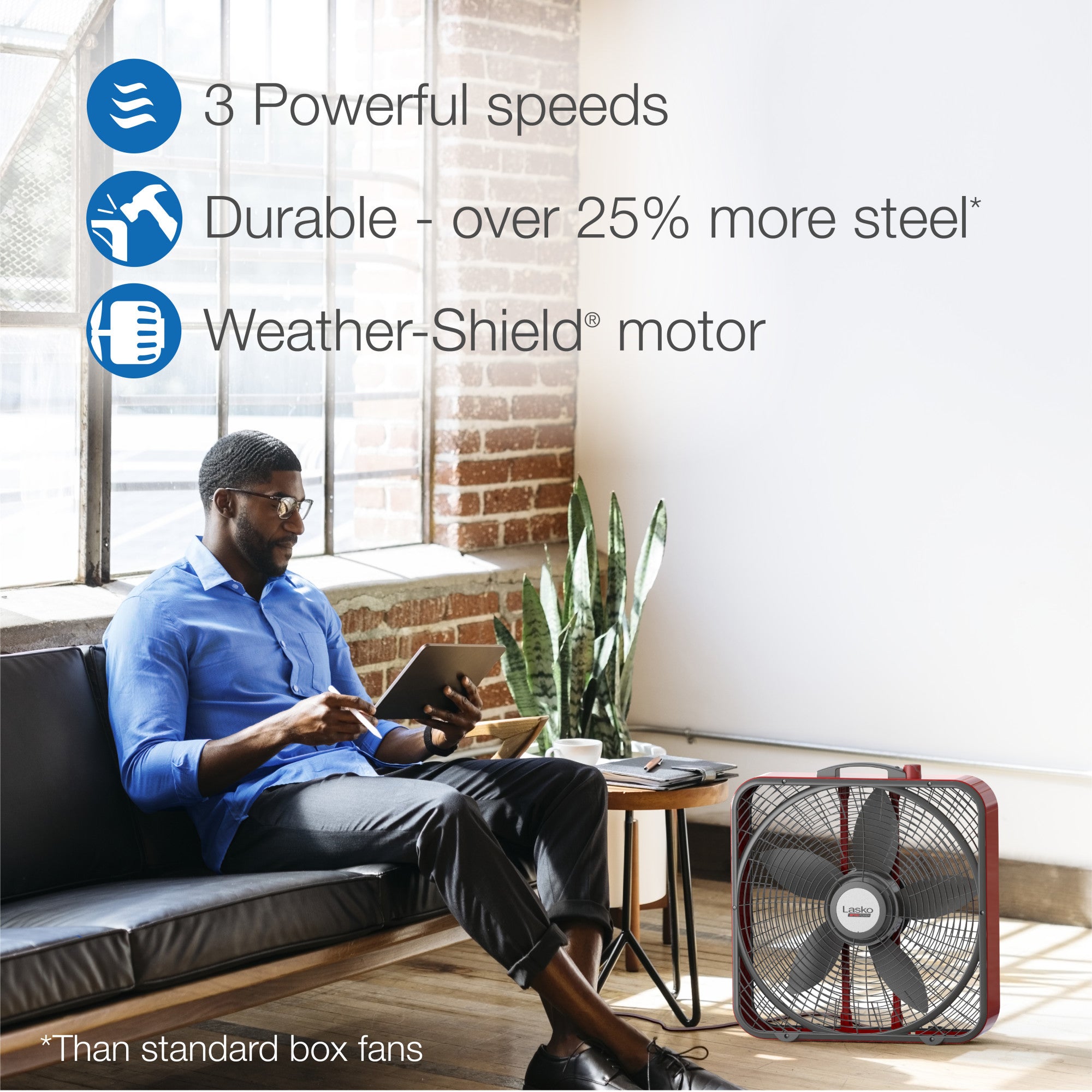 Lasko Pro Power 20 Box Fan: 3-Speed. Weather-Resistant Motor. Red - Image 4