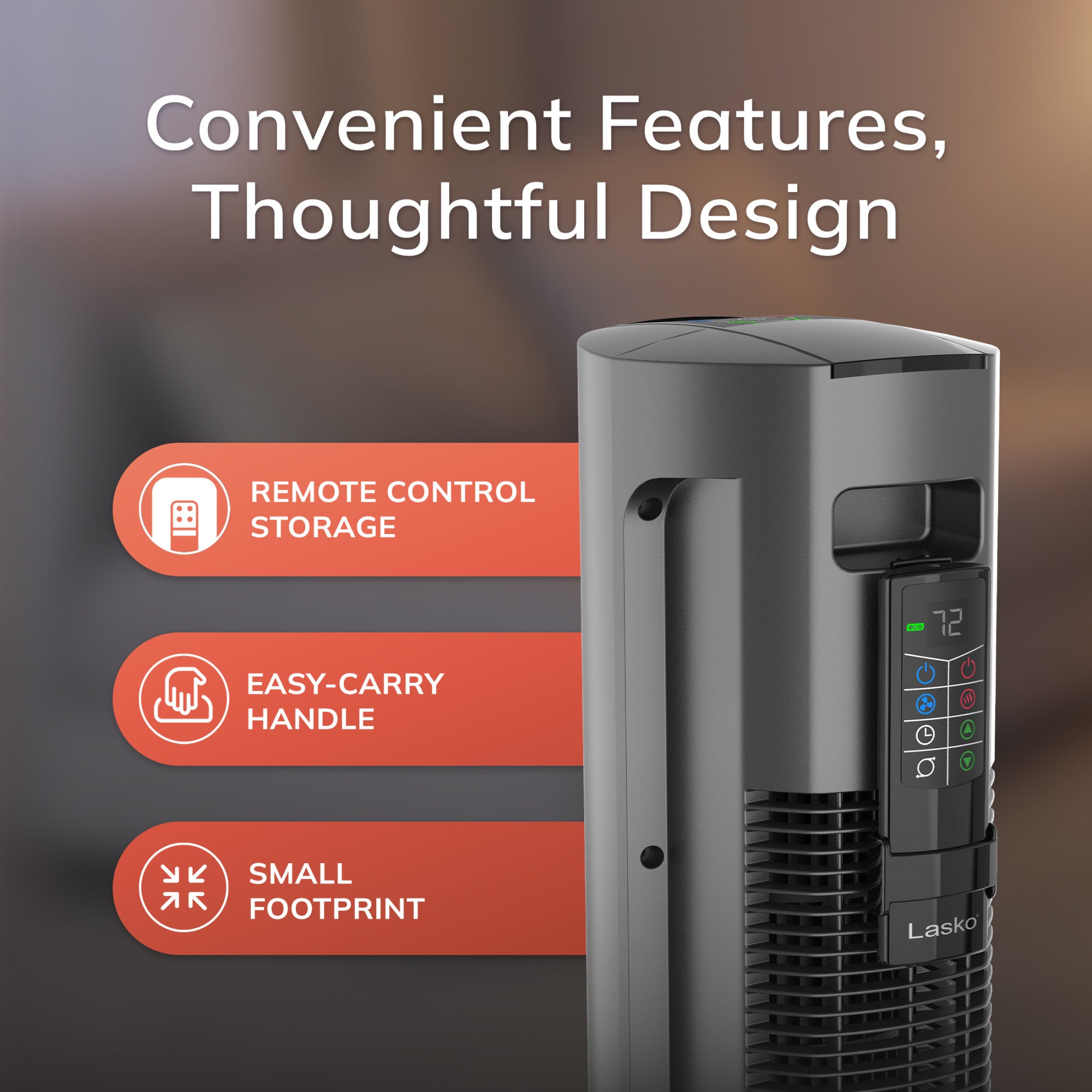 Lasko DUO Comfort 42 DC Tower Fan and Ceramic Space Heater: Oscillating. 3 Heat Settings. 8 Fan Speeds. Remote. Timer. Tip-Over Switch. Child Lock. Gray - Image 6