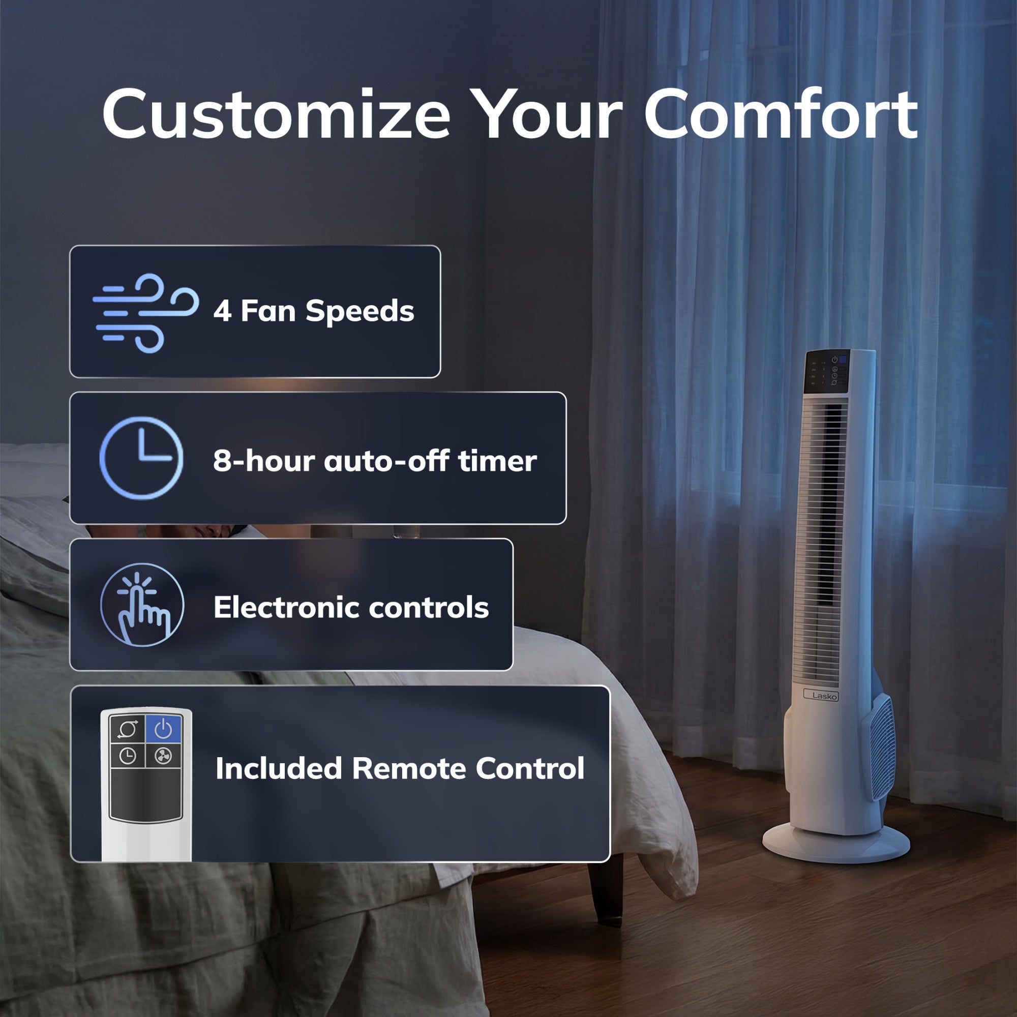 Lasko 38 Hybrid Tower Fan: Oscillating. 4-Speed. Remote. Timer. White - Image 3
