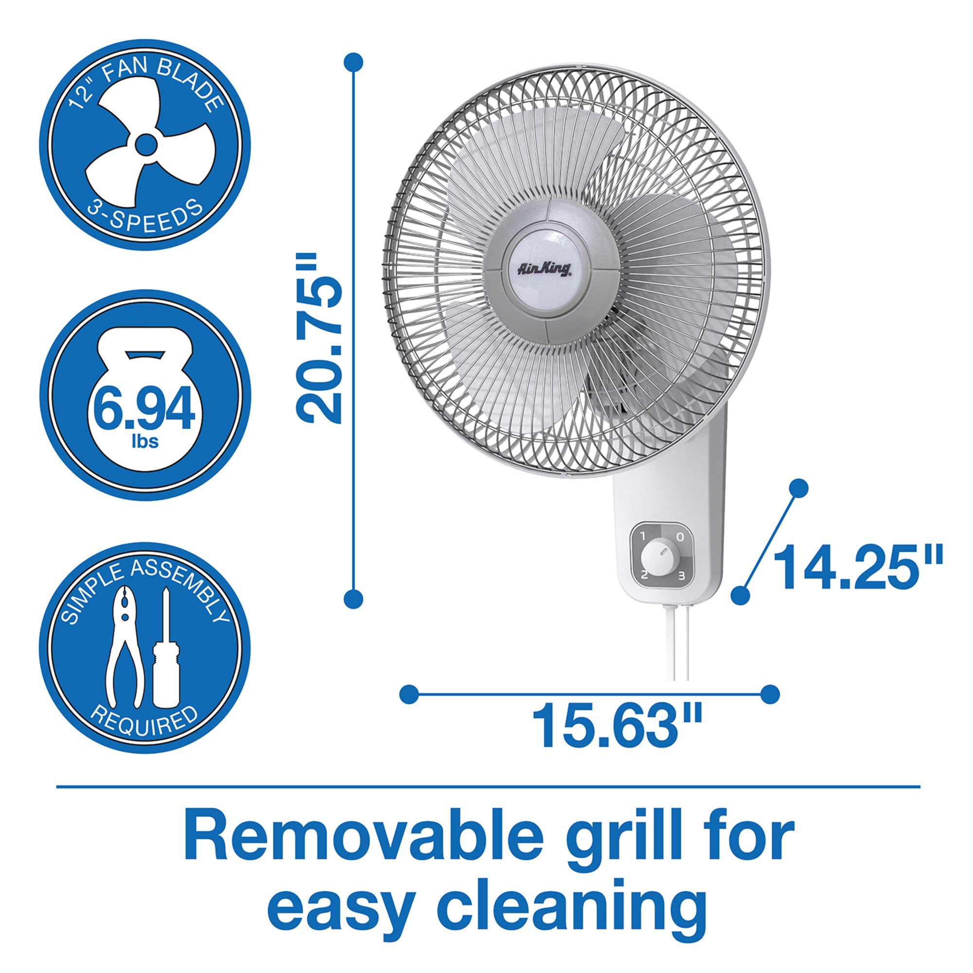 Air King 1/50 HP 12 Commercial Grade Wall Mount Fan: Oscillating. 3-Speed. Gray - Image 4