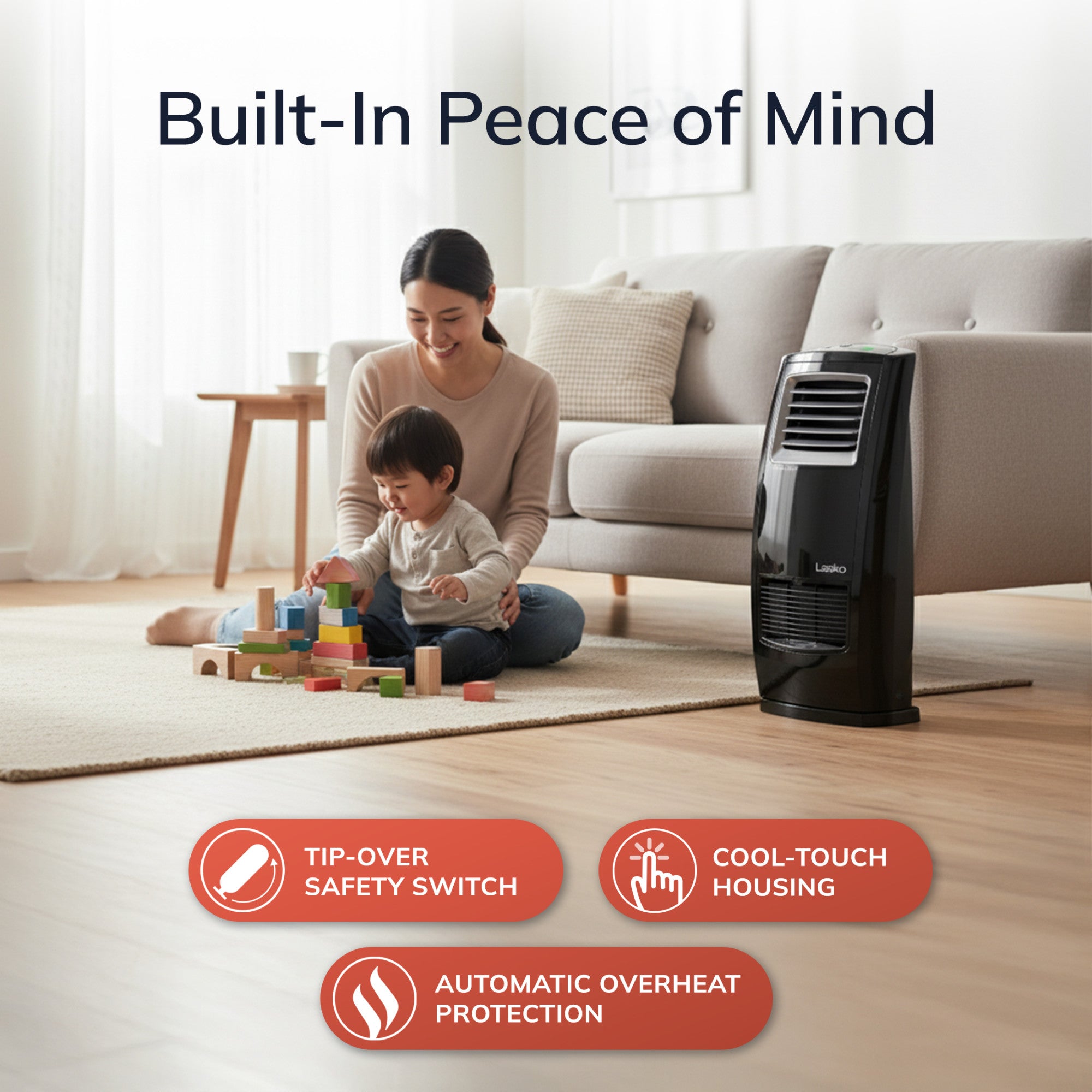 Lasko Motion Heat Plus 23 Ceramic Console Space Heater: Oscillating. 3 Heat Settings. Remote. Timer. Tip-Over Switch. Adjustable Louvers. Thermostat. Black - Image 4