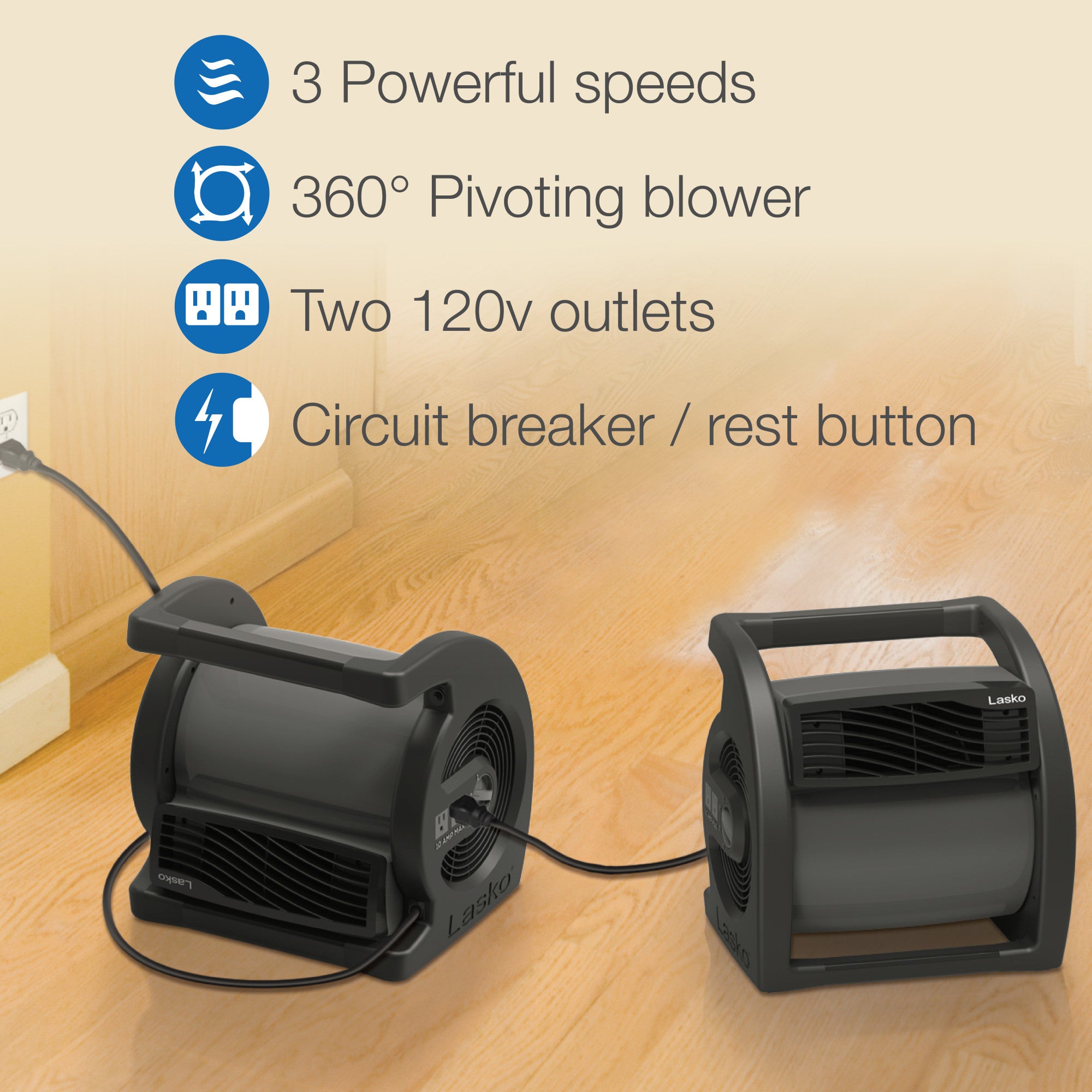 Lasko Max Performance 15 Air Mover Blower Fan: 3-Speed. High Velocity. 2 Outlets. Black - Image 4