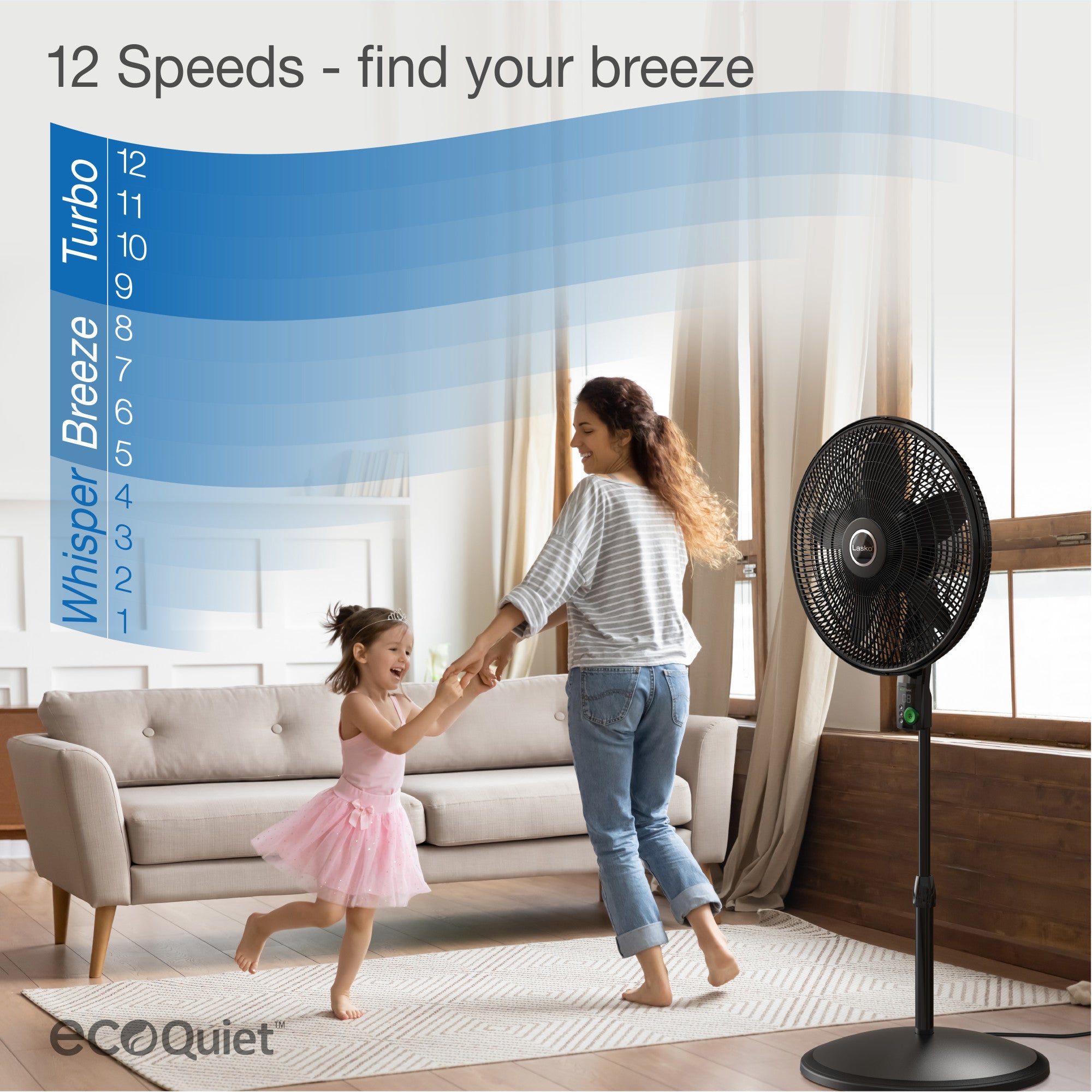 Lasko EcoQuiet 18 DC Pedestal Fan: Oscillating. 12-Speed. Remote. Black - Image 4