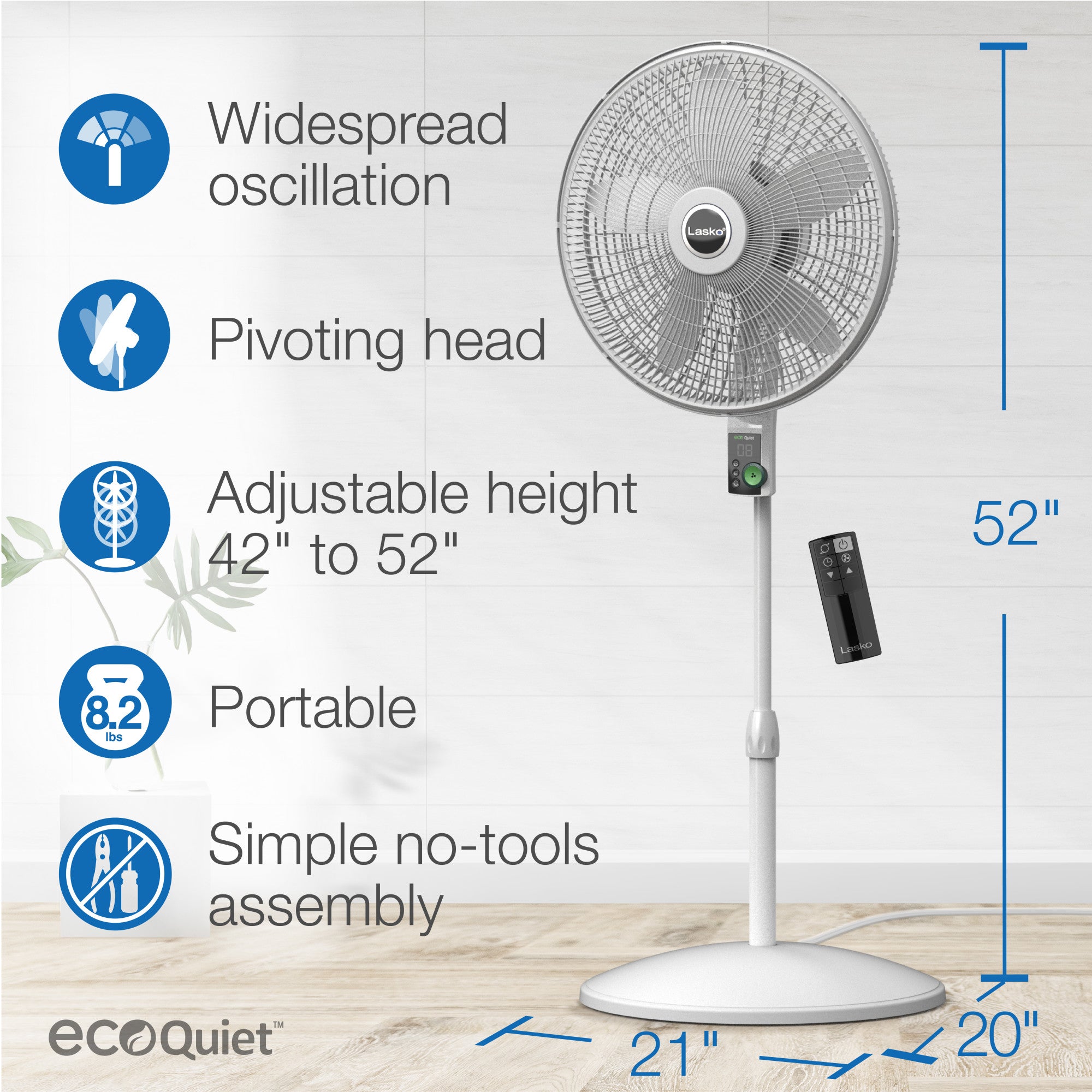 Lasko EcoQuiet 18 DC Pedestal Fan: Oscillating. 12-Speed. Remote. White - Image 5