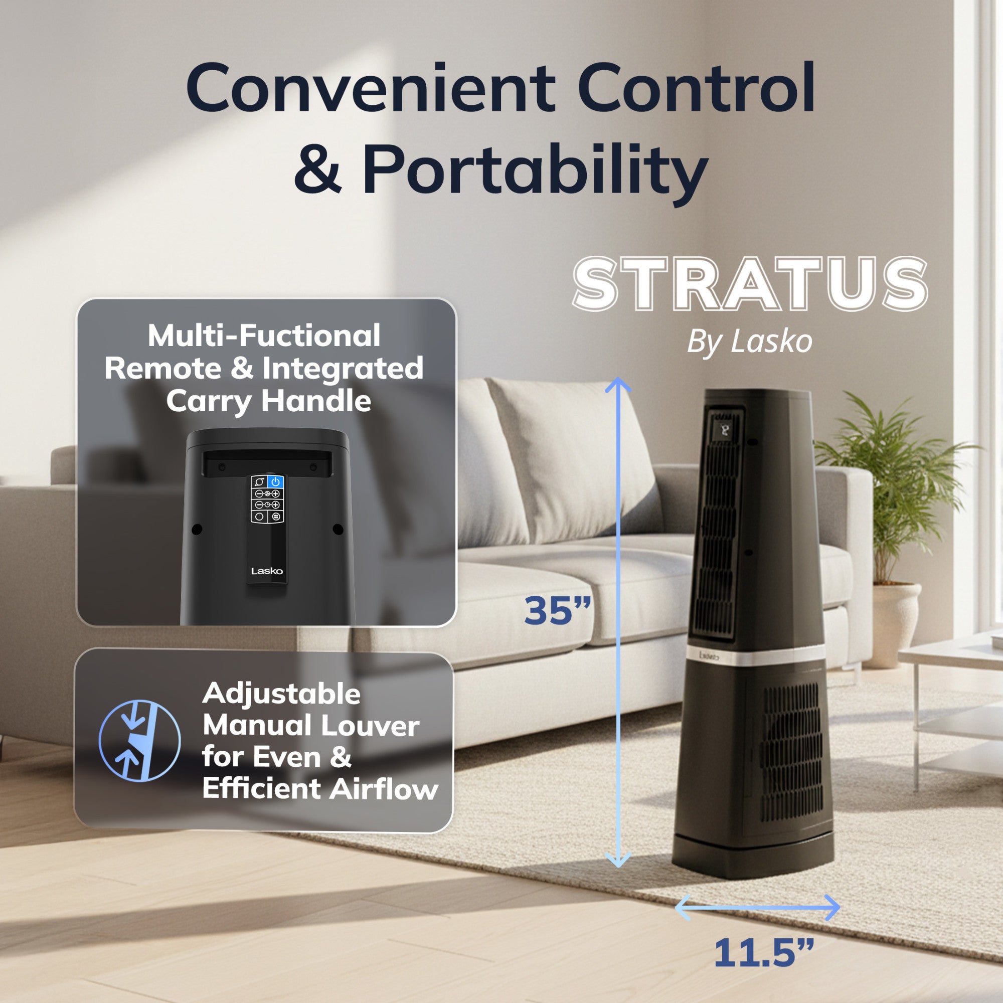 Lasko Stratus 35 DC Tower Fan: Oscillating. 12-Speed. High Velocity. Remote. Black - Image 8