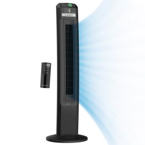 Lasko EcoQuiet 42 DC Tower Fan: Oscillating. 12-Speed. Remote. Black