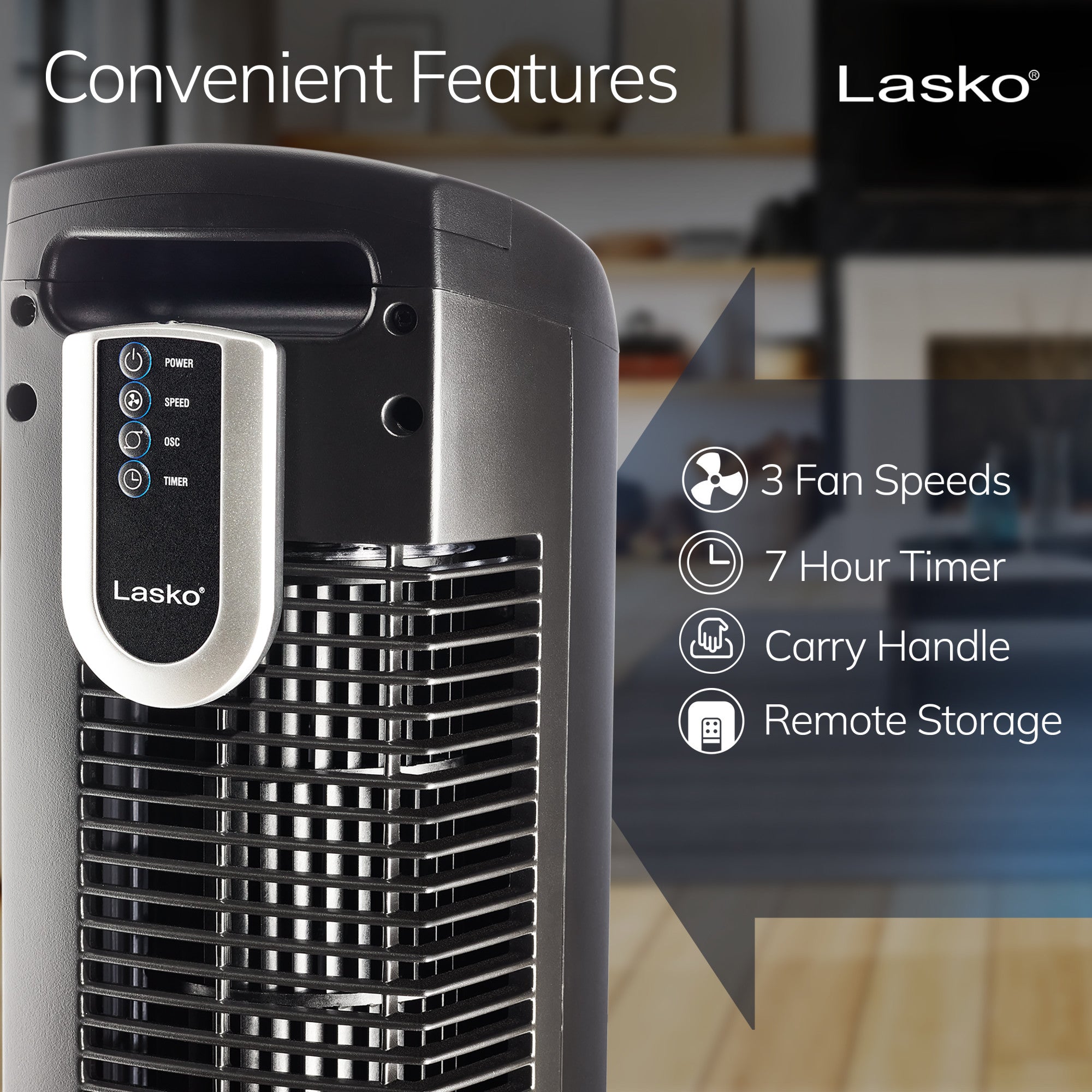 Lasko 36 Tower Fan: Oscillating. 3-Speed. Remote. Timer. Black - Image 5