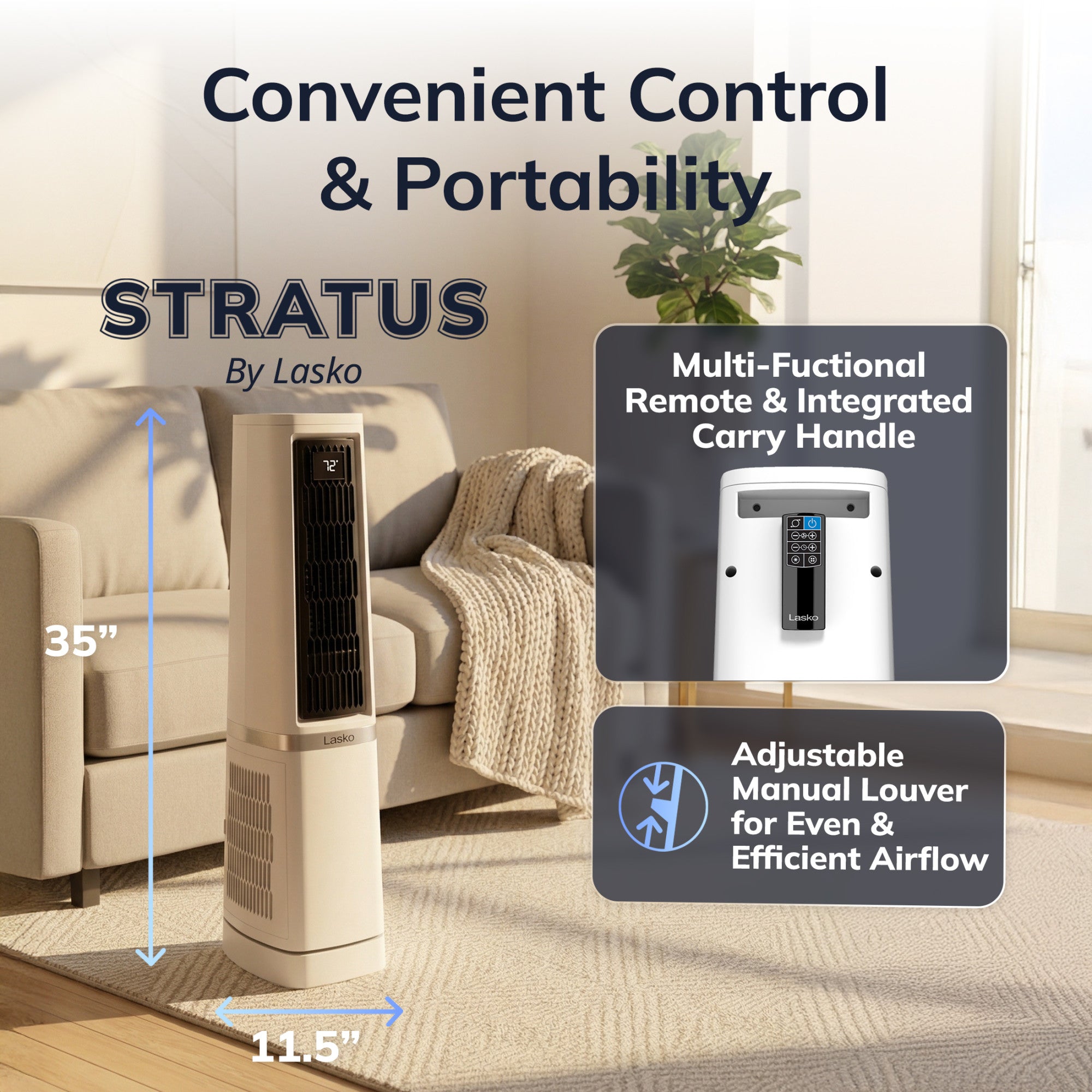 Lasko Stratus 35 DC Tower Fan: Oscillating. 12-Speed. High Velocity. Remote. White - Image 7