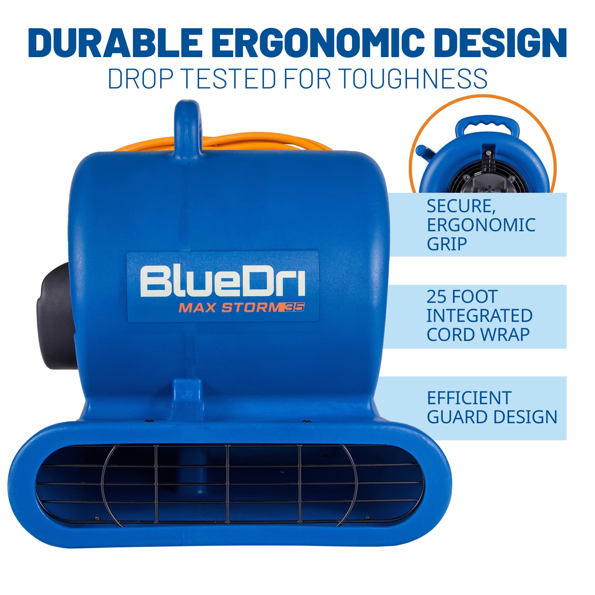 BlueDri Max Storm 35 1/3 HP 2900 CFM Air Mover Blower Fan: 3-Speed. high Velocity. 2 Outlets. 3 Drying Angles. Cord Wrap. Blue - Image 5