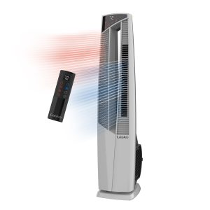 Lasko DUO Comfort 38 DC Tower Fan and Ceramic Space Heater: Oscillating. 3 Heat Settings. 4 Fan Speeds. Remote. Timer. Tip-Over Switch. White