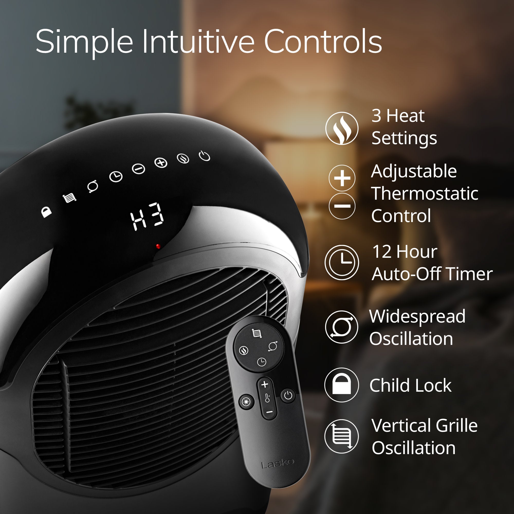 Lasko Motion X 27 Ceramic Console Space Heater: Dual Oscillation. 3 Heat Settings. Remote. Timer. Tip-Over Switch. Child Lock. Thermostat. Black - Image 5