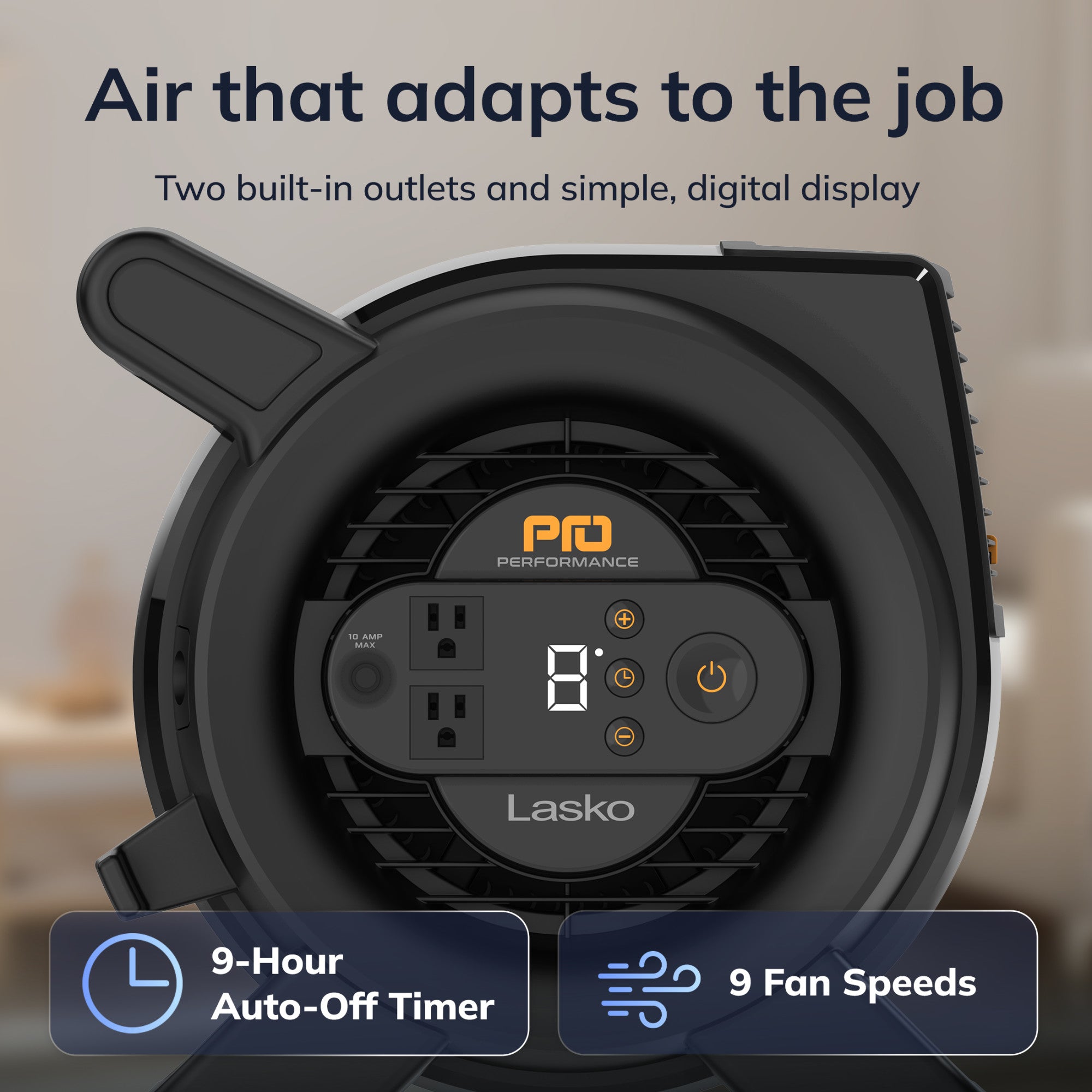 Lasko 14 DC Air Mover Blower Fan: 9-Speed. High Velocity. 2 Outlets. Pivoting. Black - Image 4