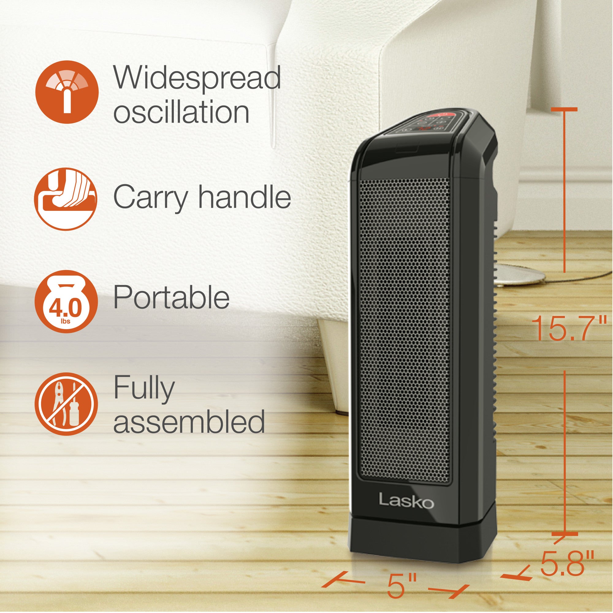 Lasko 16 Ceramic Tower Space Heater: Oscillating. 2 Heat Settings. Remote. Timer. Thermostat. Black - Image 6