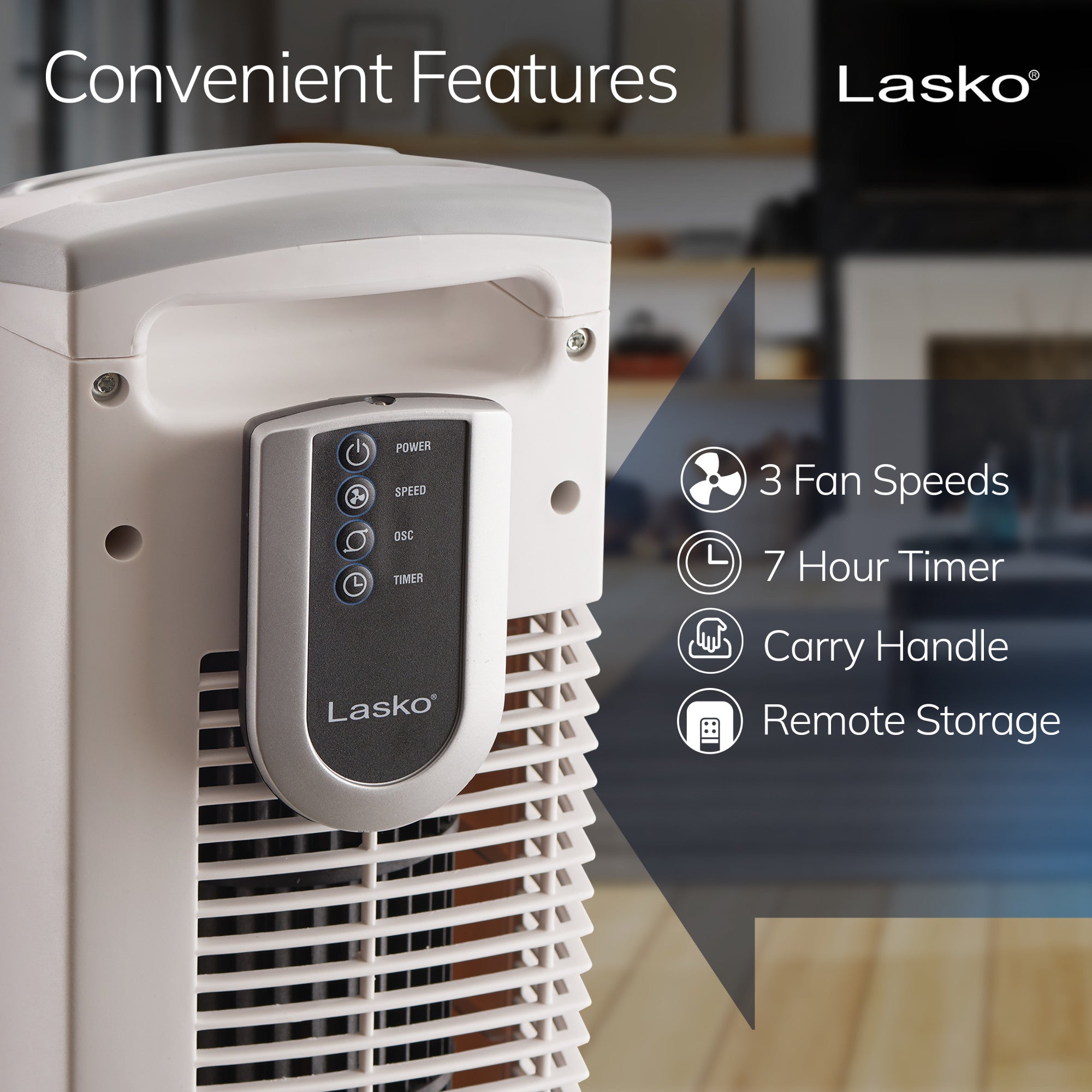 Lasko 36 Tower Fan: Oscillating. 3-Speed. Remote. Timer. White - Image 5