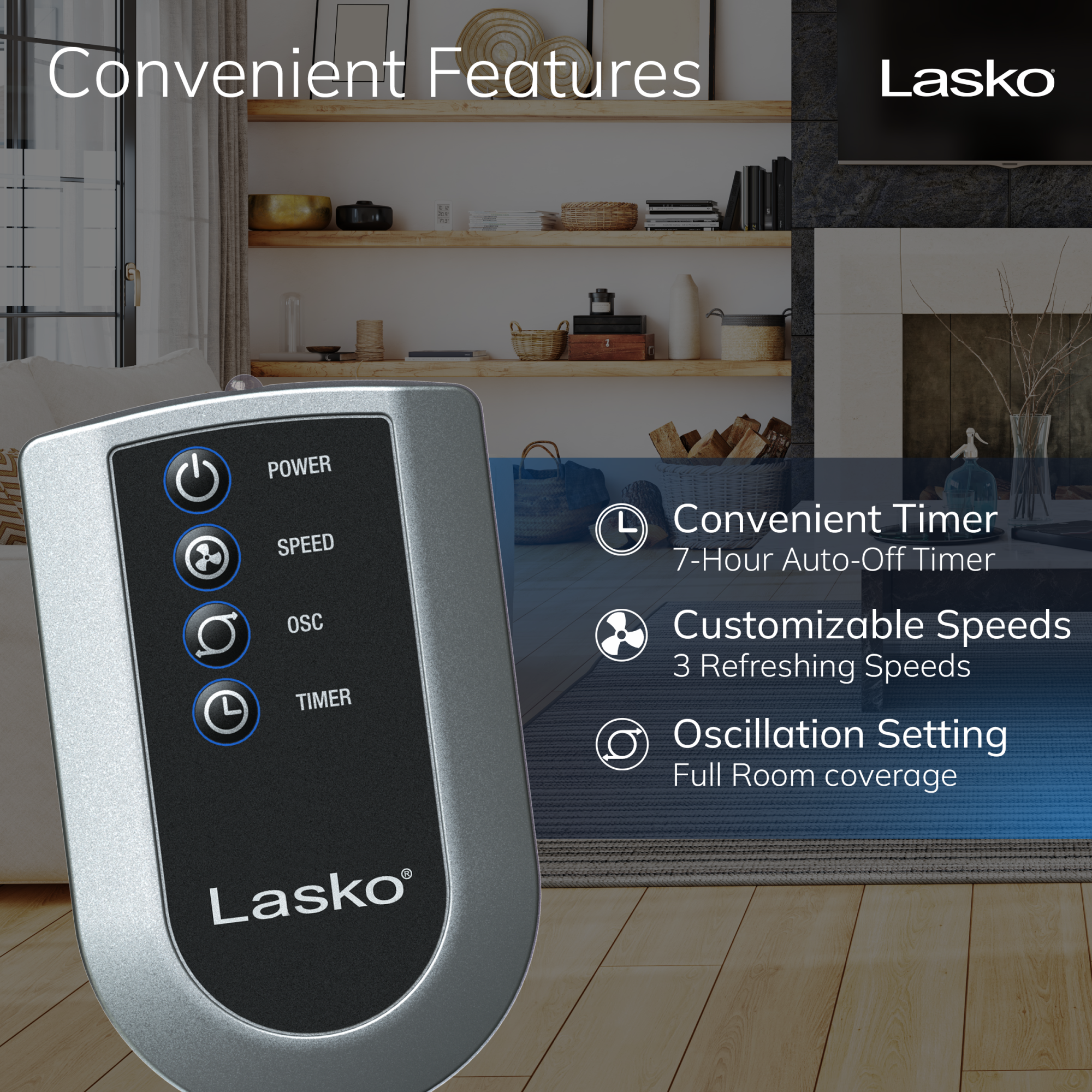 Lasko 36 Tower Fan: Oscillating. 3-Speed. Remote. Timer. Black - Image 3
