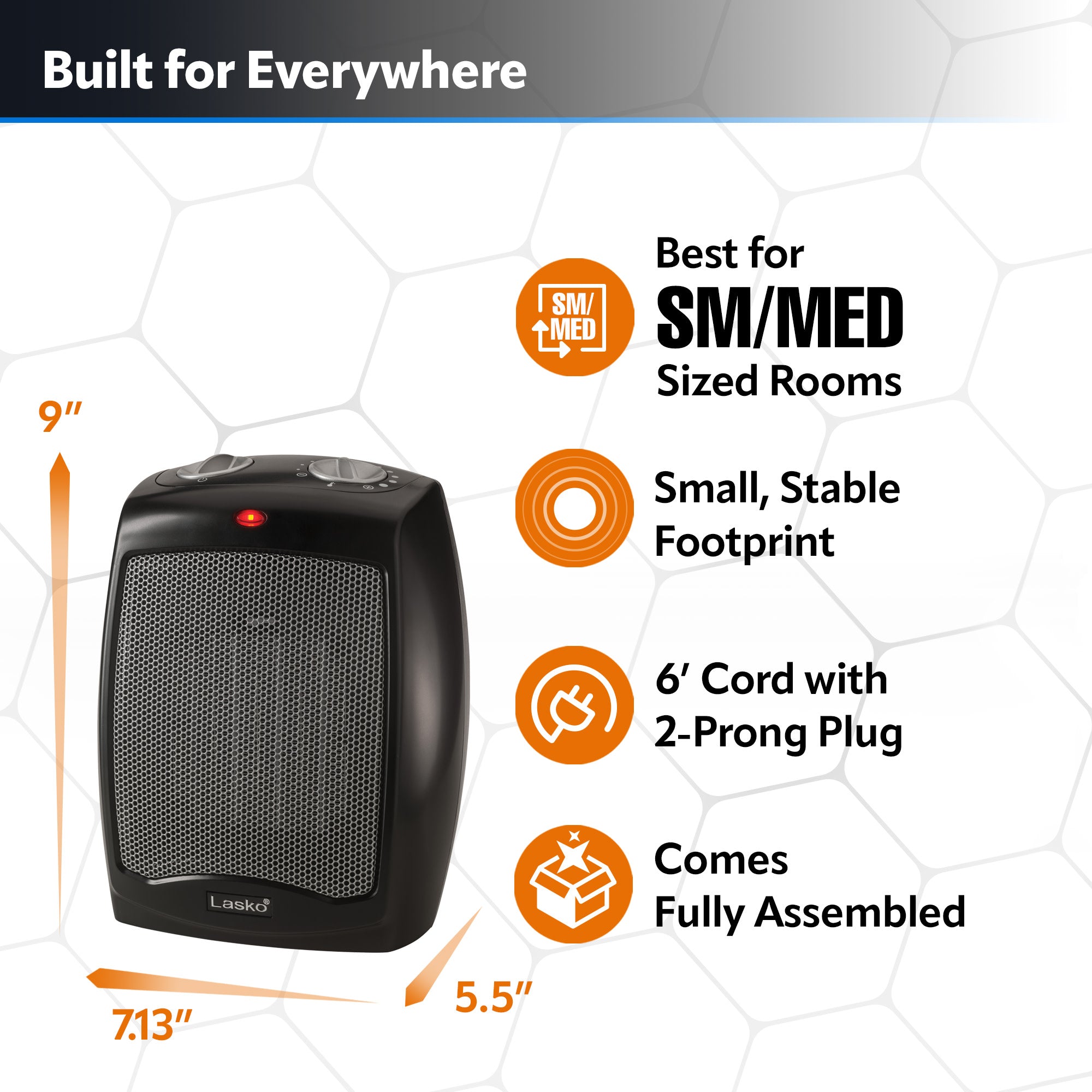 Lasko 9 Ceramic Space Heater: Overheat Protection. 2 Heat Settings. Thermostat. Black - Image 5