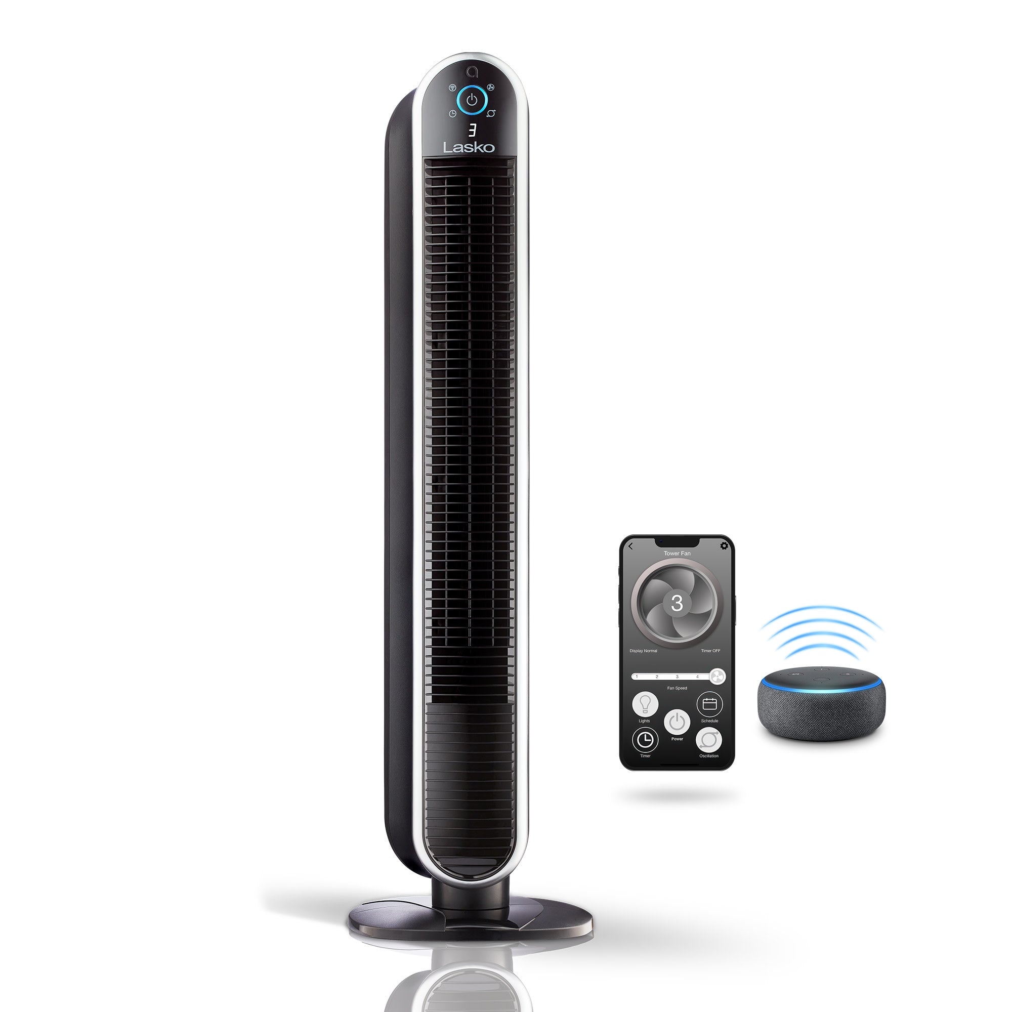 Lasko 40 Smart Tower Fan: Oscillating. 5-Speed. Timer. Wi-Fi. Black