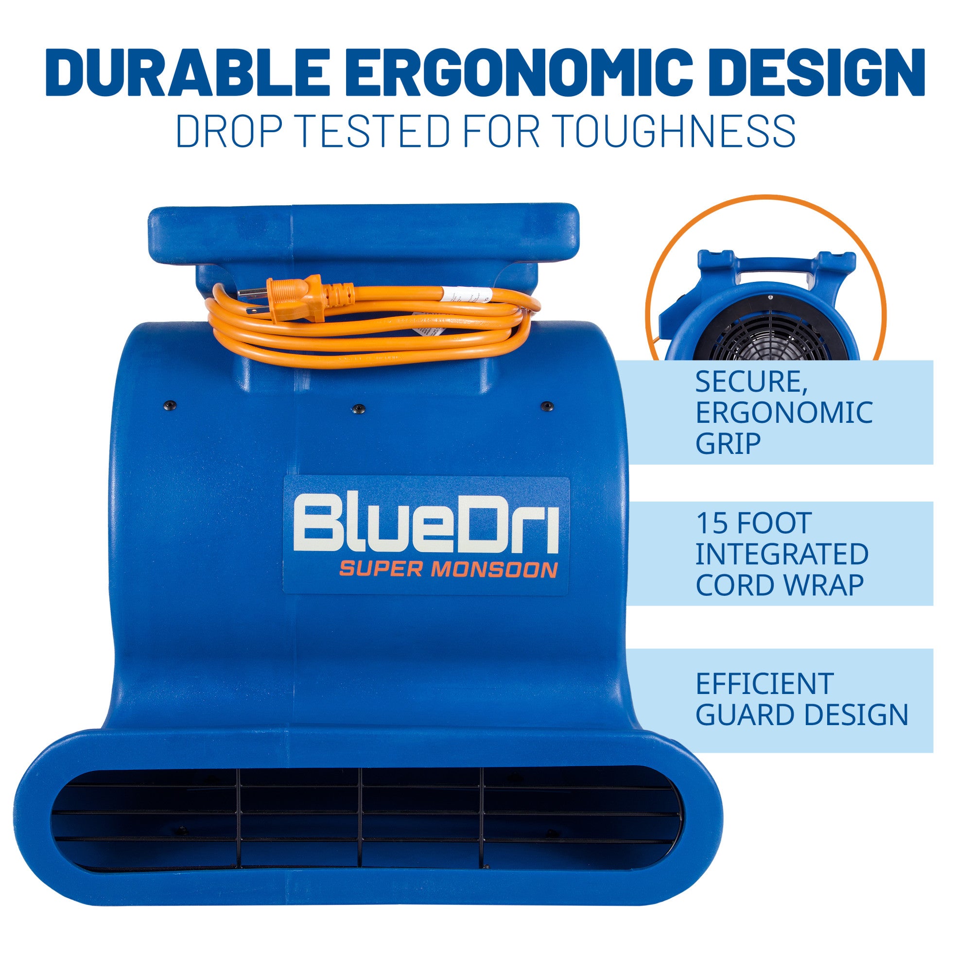 BlueDri Super Monsoon 1 HP 4050 CFM Air Mover Blower Fan: 3-Speed. High Velocity. 3 Drying Angles. Cord Wrap. Blue - Image 5