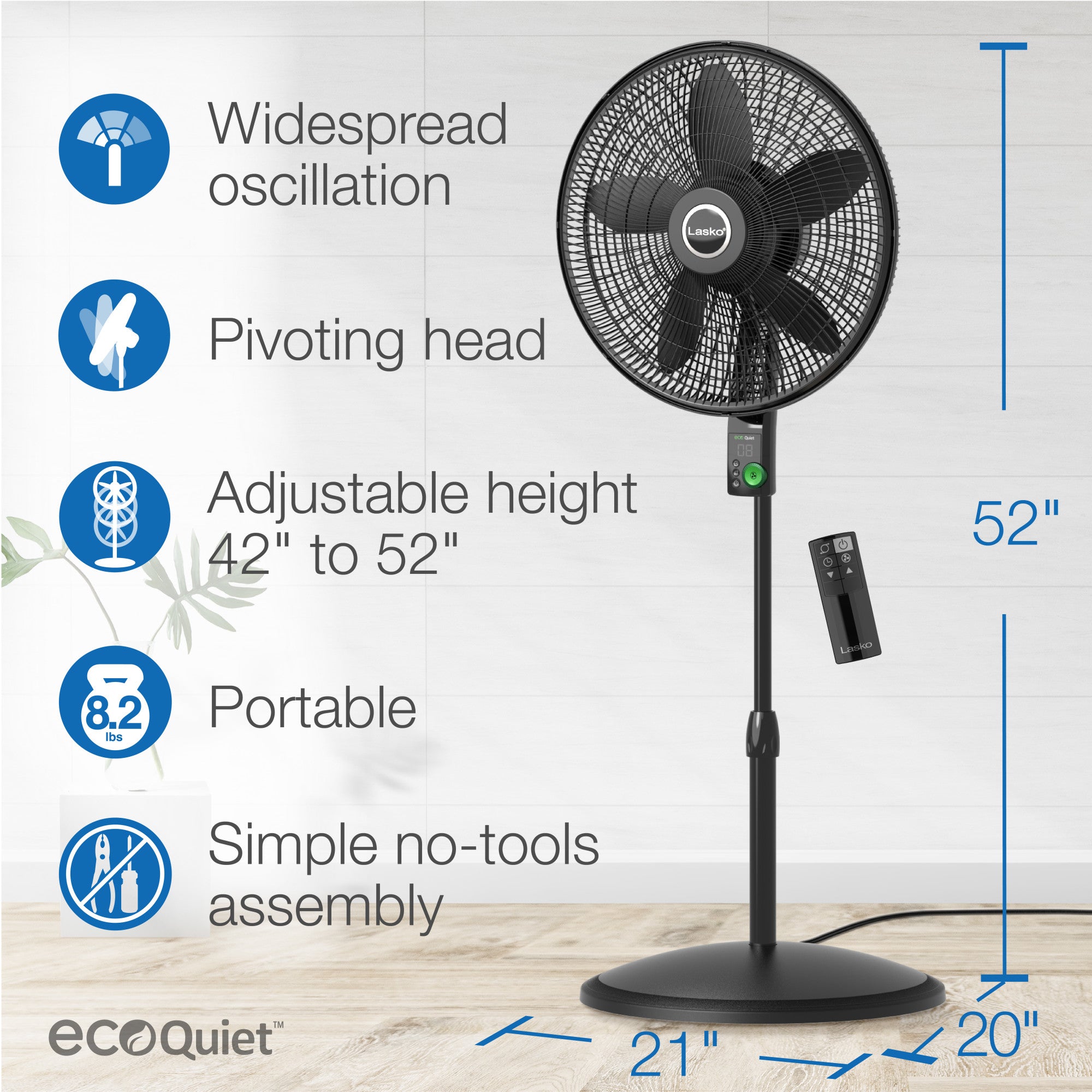 Lasko EcoQuiet 18 DC Pedestal Fan: Oscillating. 12-Speed. Remote. Black - Image 5