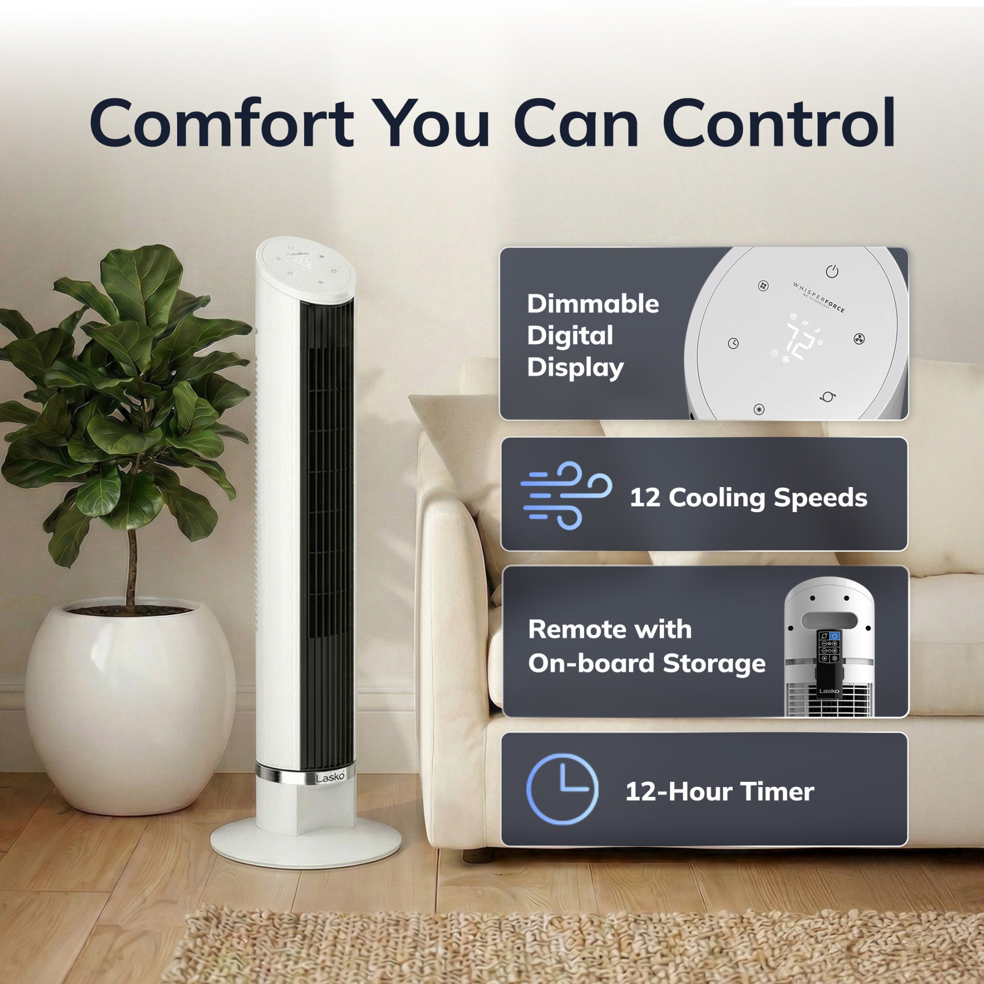 Lasko 36 DC Tower Fan: Oscillating. 12-Speed. Remote. Timer. White - Image 6