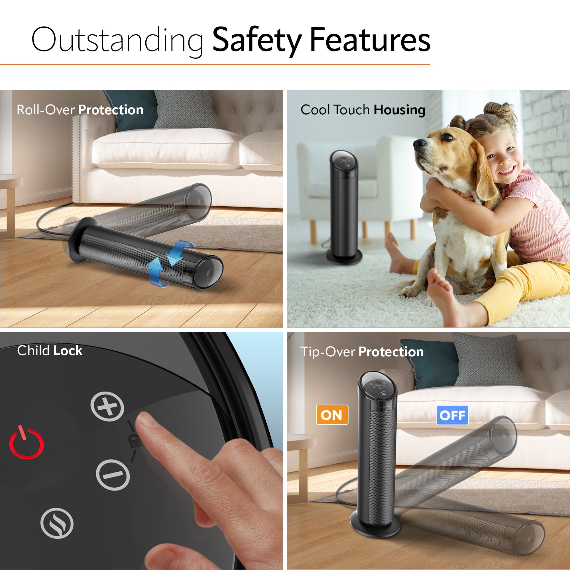 Lasko 22 Ceramic Tower Space Heater: Oscillating. 3 Heat Settings. Remote. Timer. Tip-Over Switch. Child Lock. Thermostat. Black - Image 4