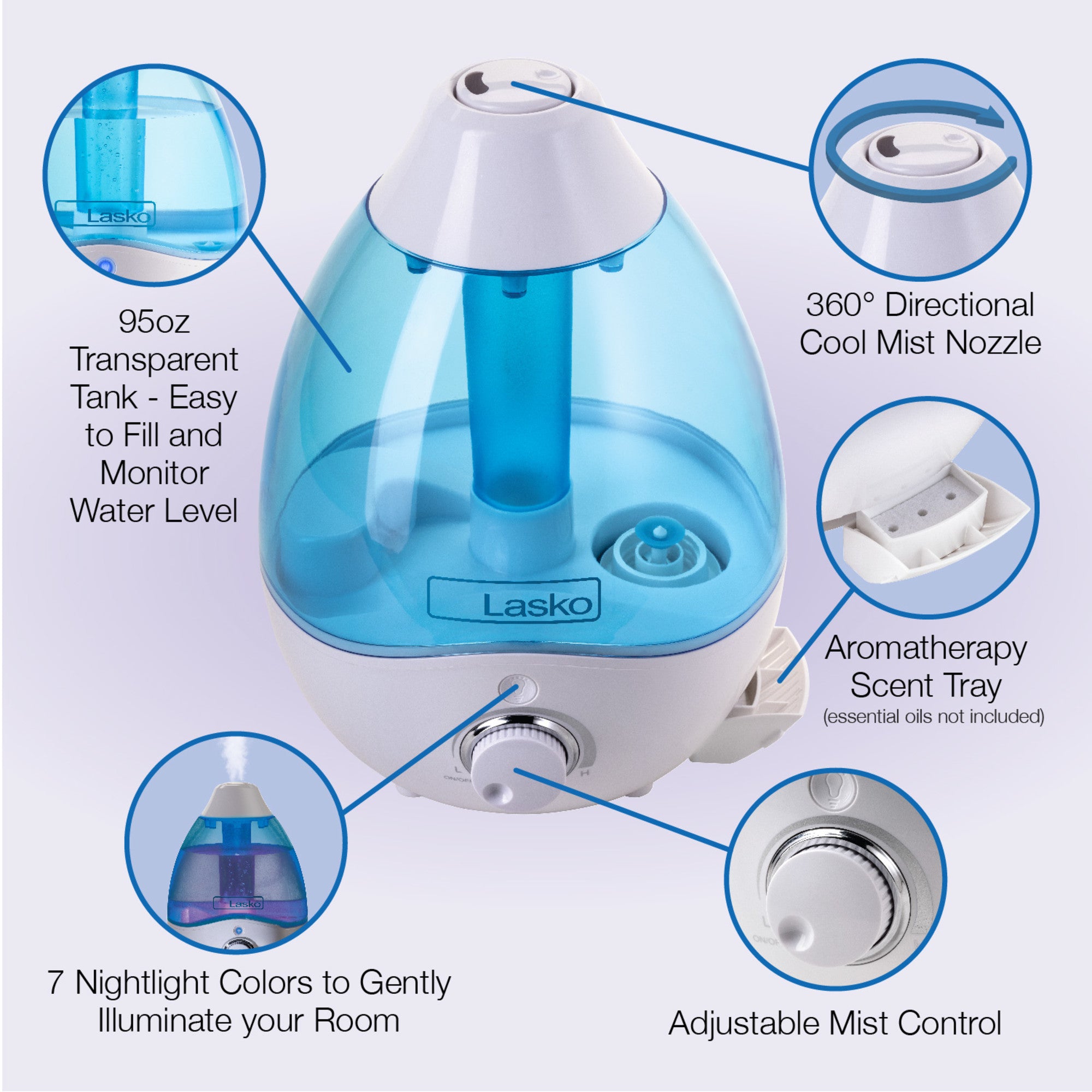 Lasko UH200 Ultrasonic Cool Mist Humidifier with Scent Tray and Nightlight - Image 2