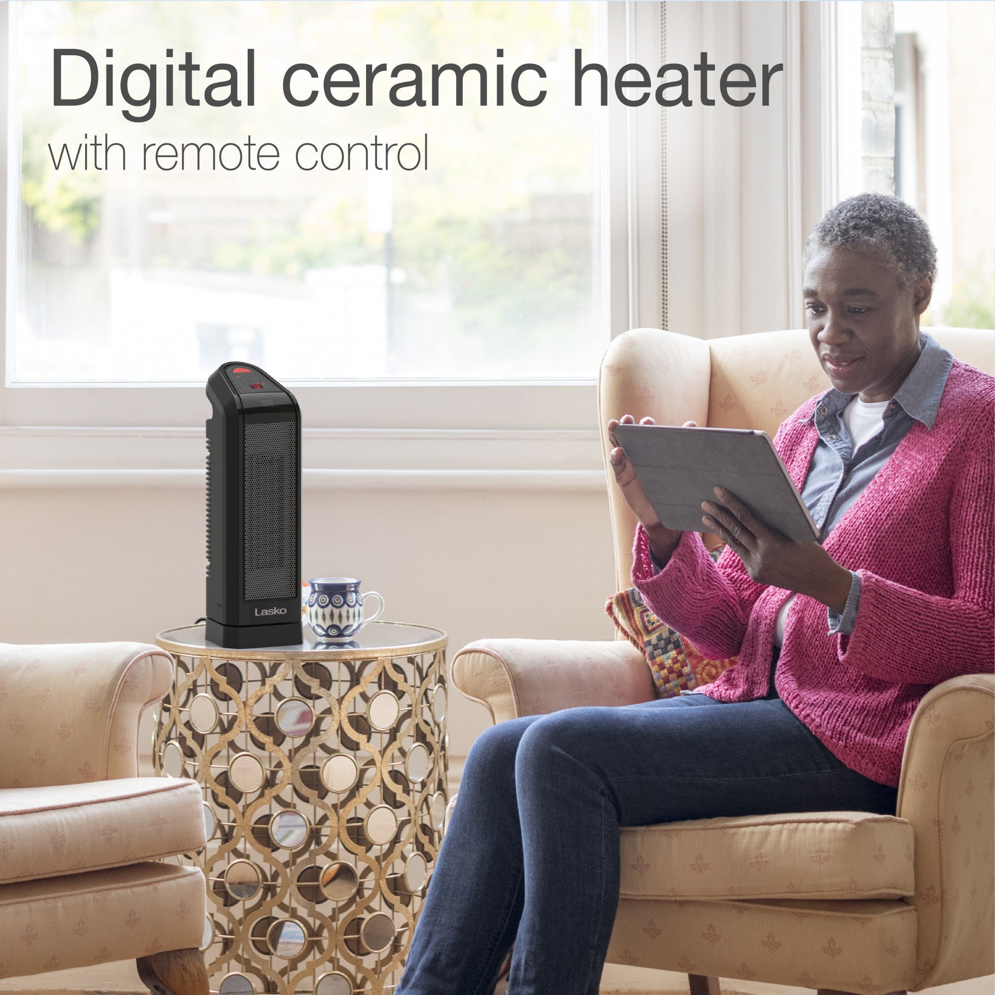 Lasko 16 Ceramic Tower Space Heater: Oscillating. 2 Heat Settings. Remote. Timer. Thermostat. Black - Image 2