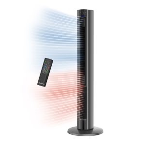 Lasko DUO Comfort 42 DC Tower Fan and Ceramic Space Heater: Oscillating. 3 Heat Settings. 8 Fan Speeds. Remote. Timer. Tip-Over Switch. Child Lock. Gray