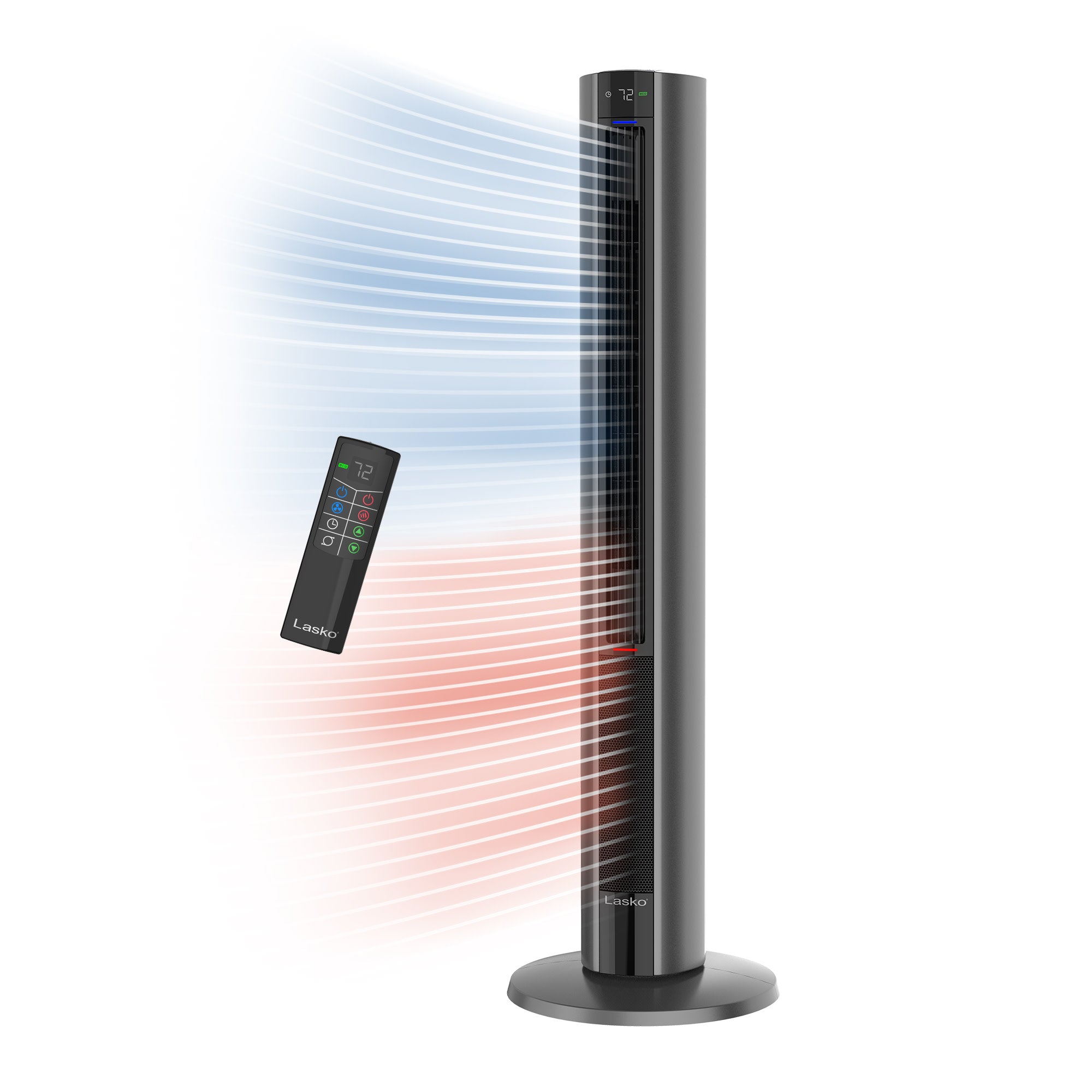 Lasko DUO Comfort 42 DC Tower Fan and Ceramic Space Heater: Oscillating. 3 Heat Settings. 8 Fan Speeds. Remote. Timer. Tip-Over Switch. Child Lock. Gray