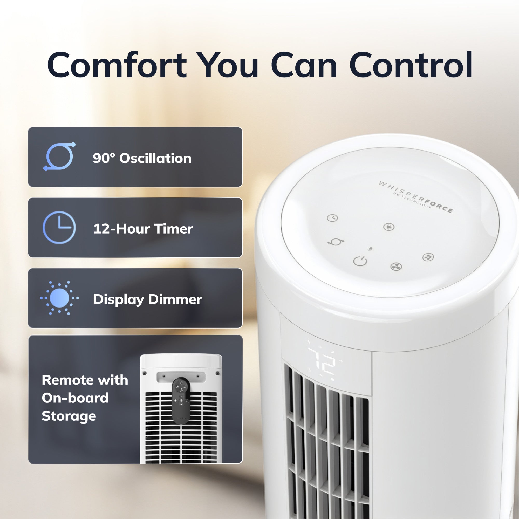 Lasko Rise 54 DC Pedestal Fan: Oscillating. 8-Speed. Remote. Timer. White - Image 6