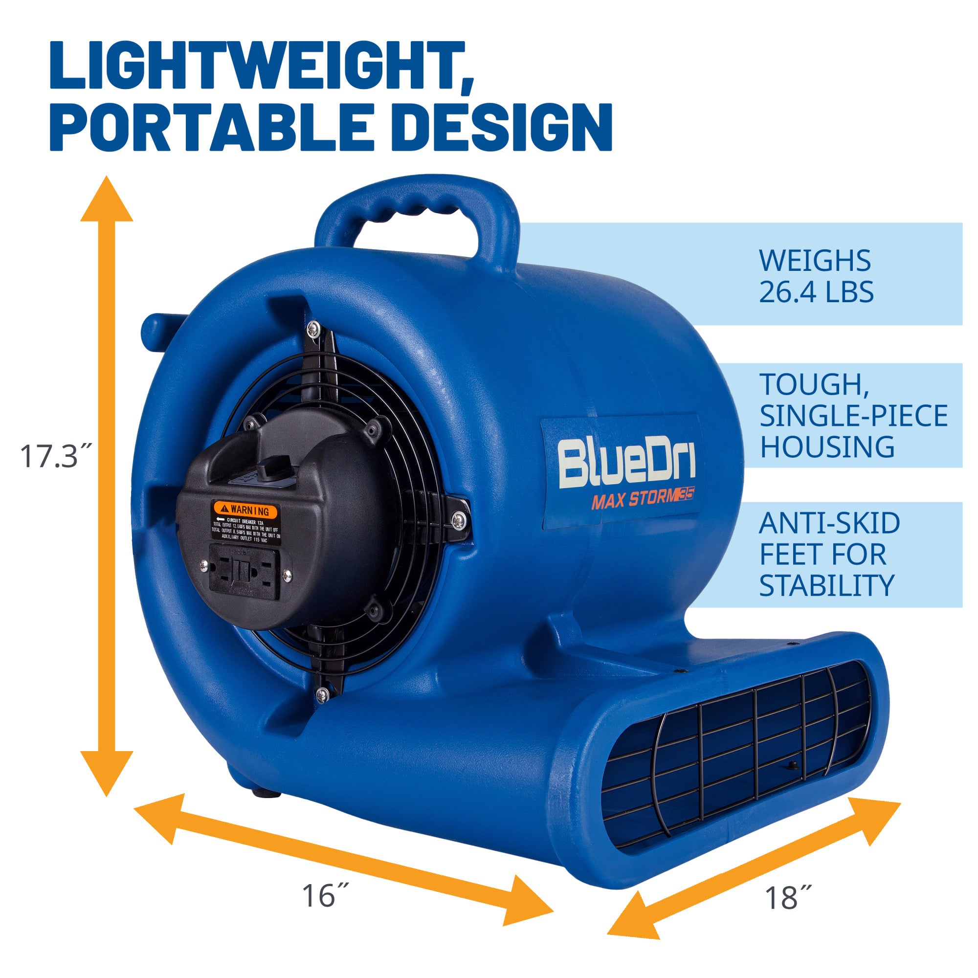 BlueDri Max Storm 35 1/3 HP 2900 CFM Air Mover Blower Fan: 3-Speed. high Velocity. 2 Outlets. 3 Drying Angles. Cord Wrap. Blue - Image 3