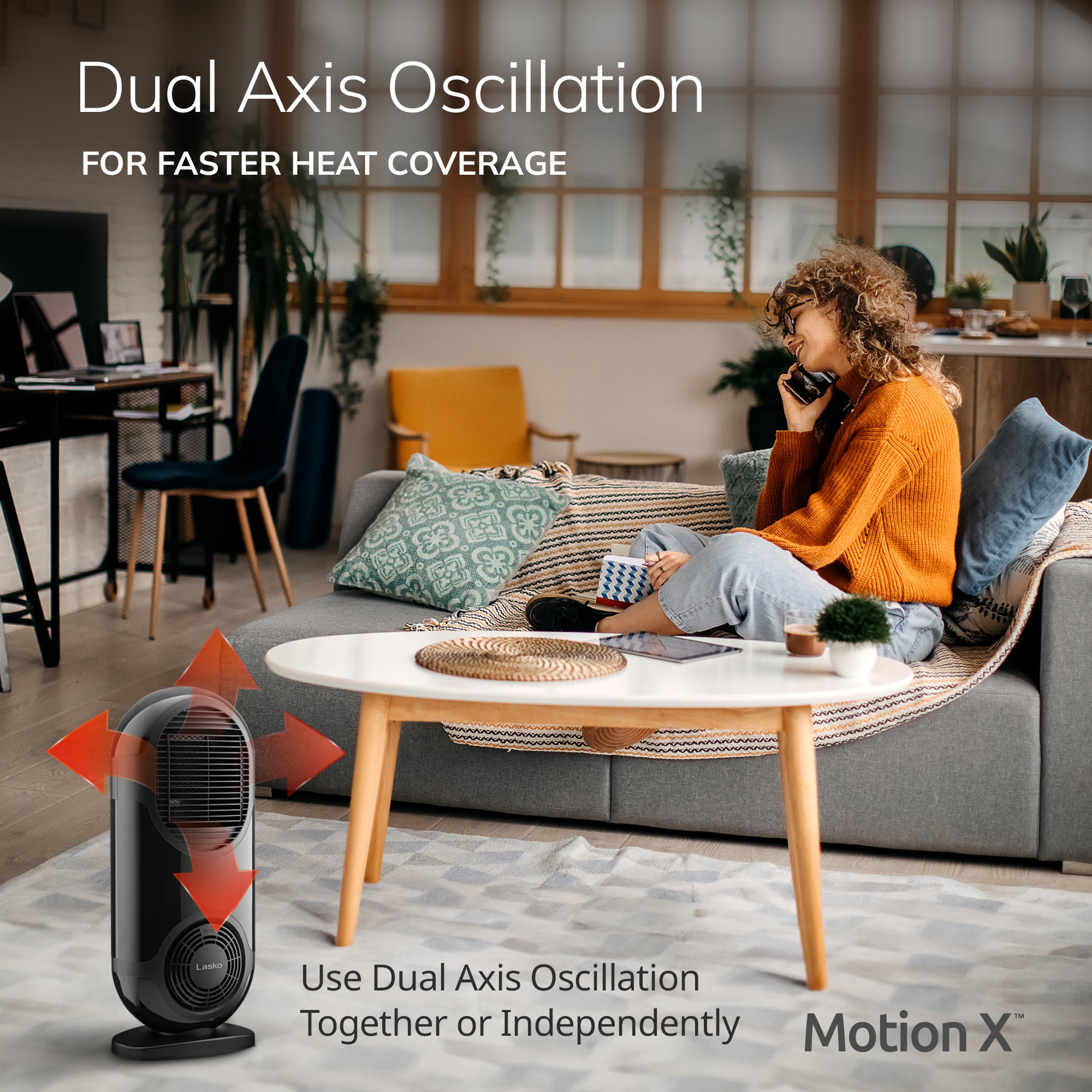 Lasko Motion X 27 Ceramic Console Space Heater: Dual Oscillation. 3 Heat Settings. Remote. Timer. Tip-Over Switch. Child Lock. Thermostat. Black - Image 2
