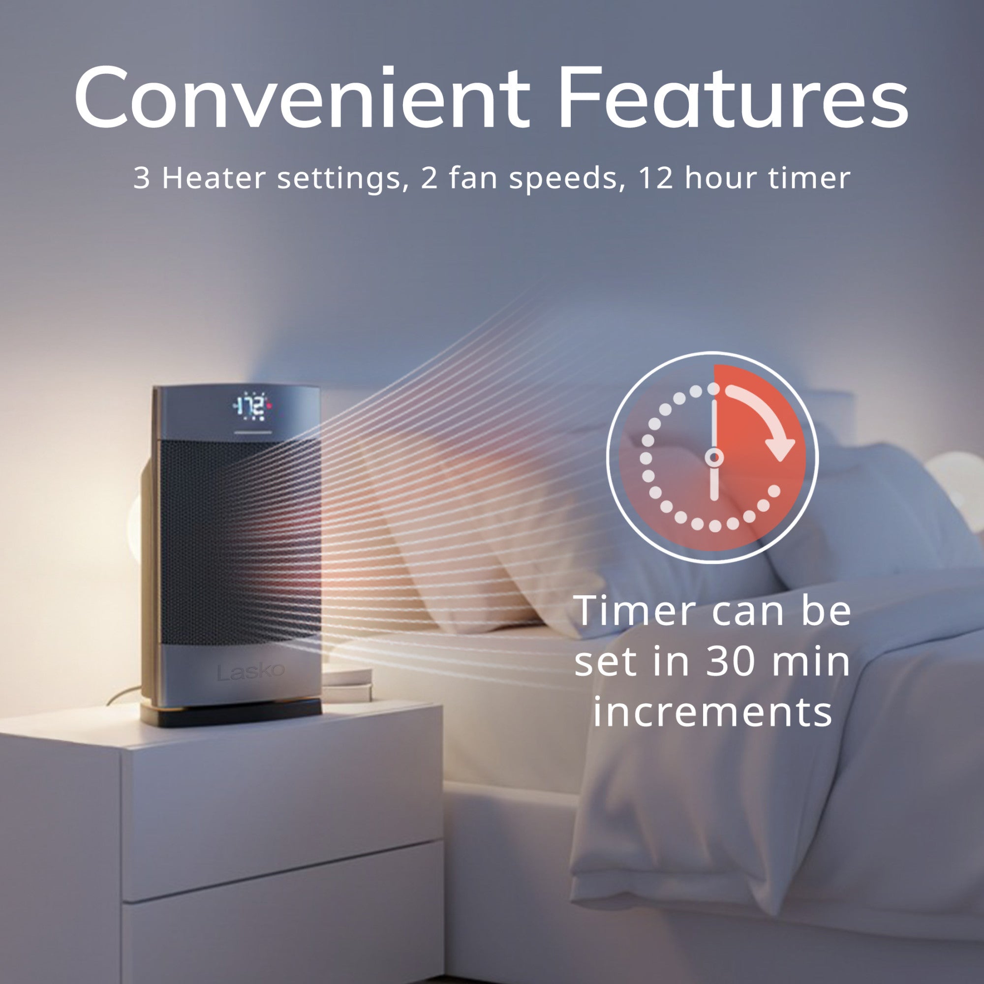 Lasko Ellipse 12 Ceramic Tower Space Heater: Oscillating. 3 Heat Settings. Remote. Timer. Tip-Over Switch. Child Lock. Thermostat. Silver - Image 6