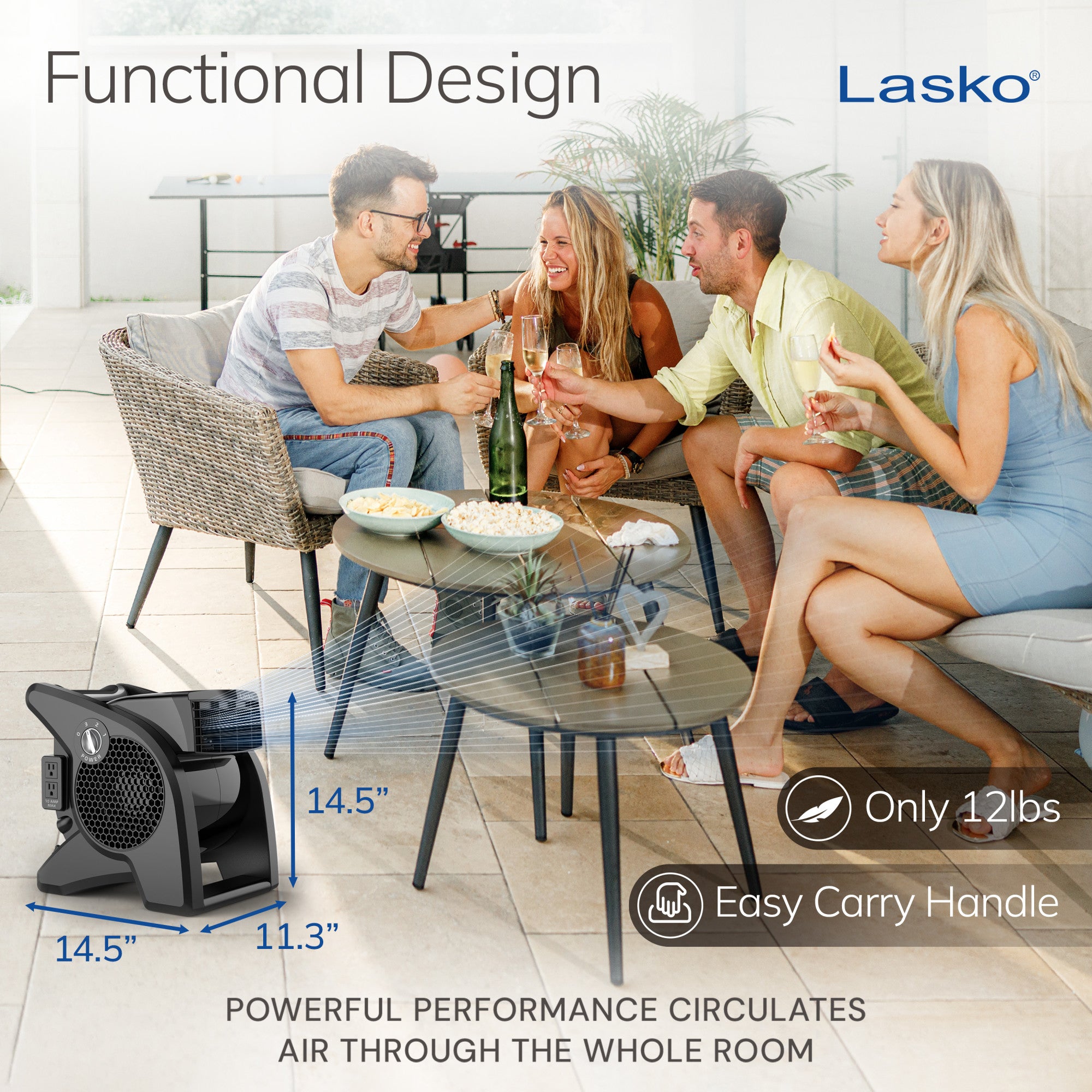 Lasko 15 Air Mover Blower Fan: 3-Speed. High Velocity. 2 Outlets. Pivoting. Black - Image 5