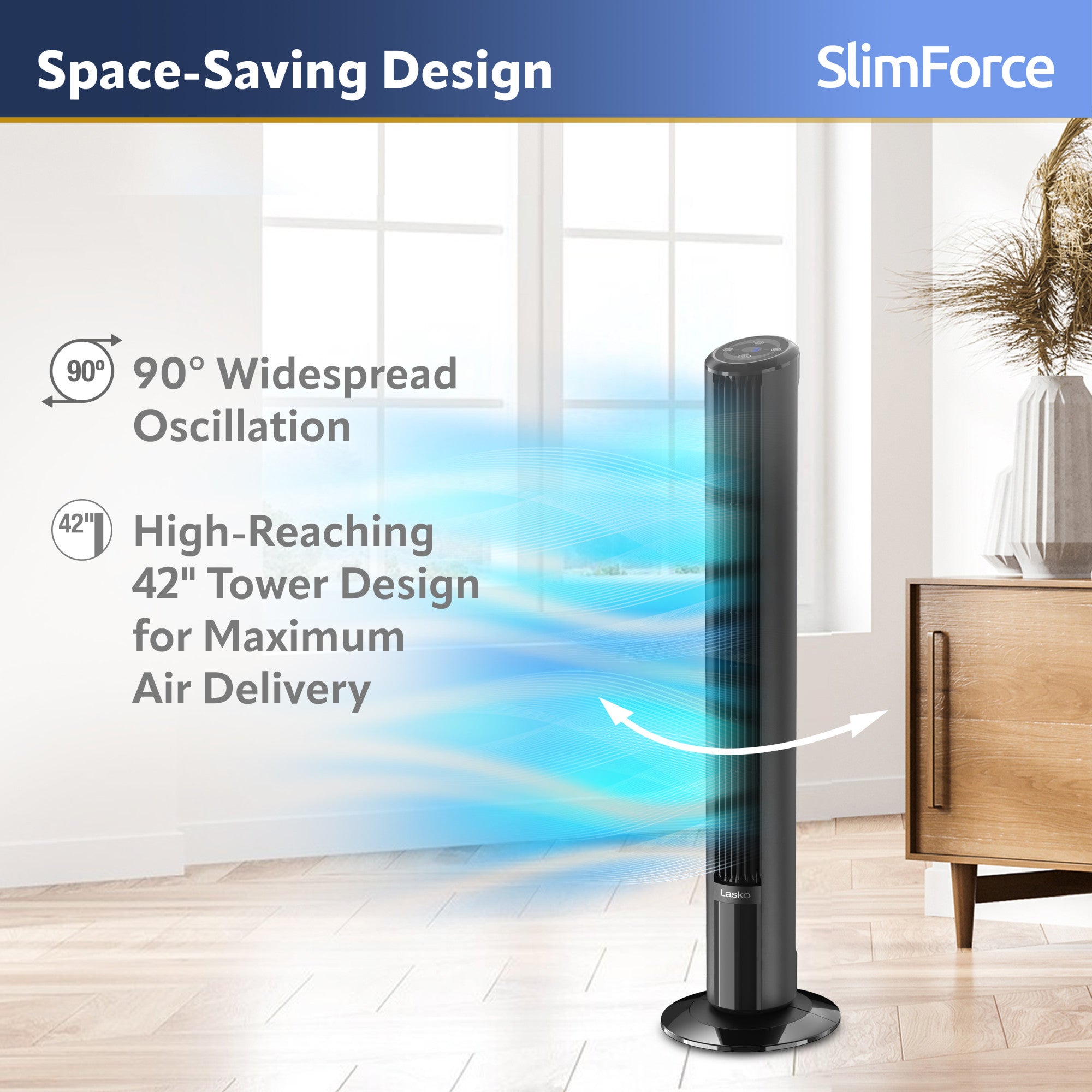 Lasko SlimForce 42 Tower Fan: Oscillating. 4-Speed. Remote. Timer. Black - Image 3