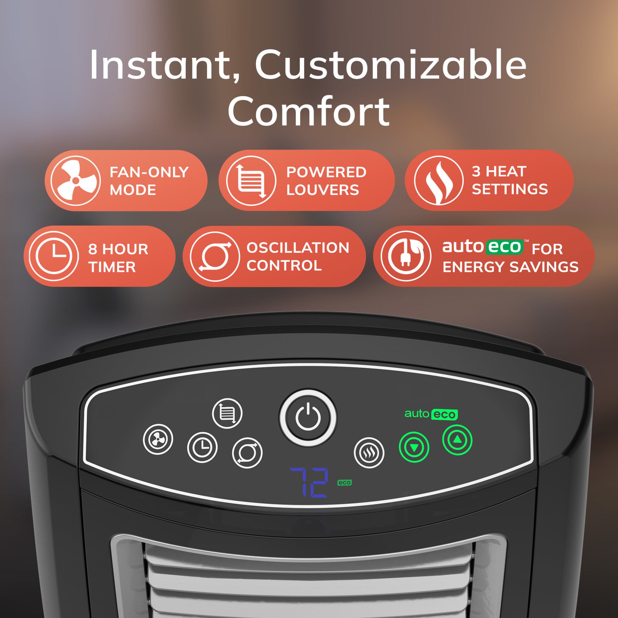 Lasko Motion Heat Plus 23 Ceramic Console Space Heater: Oscillating. 3 Heat Settings. Remote. Timer. Tip-Over Switch. Adjustable Louvers. Thermostat. Black - Image 5