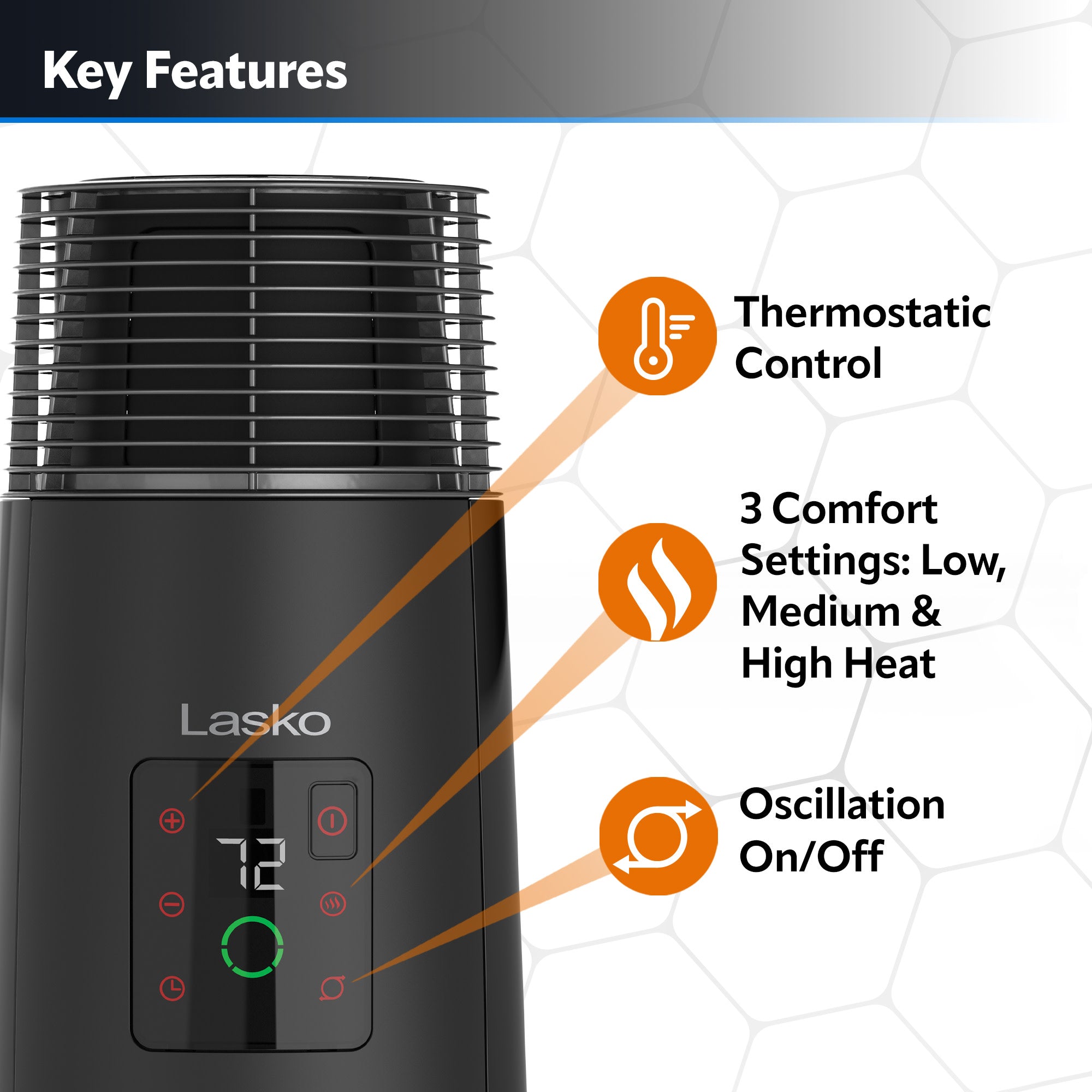 Lasko 24 Full-Circle Ceramic Tower Space Heater: Oscillating. 3 Heat Settings. Remote. Timer. Tip-Over Switch. Thermostat. Black - Image 3