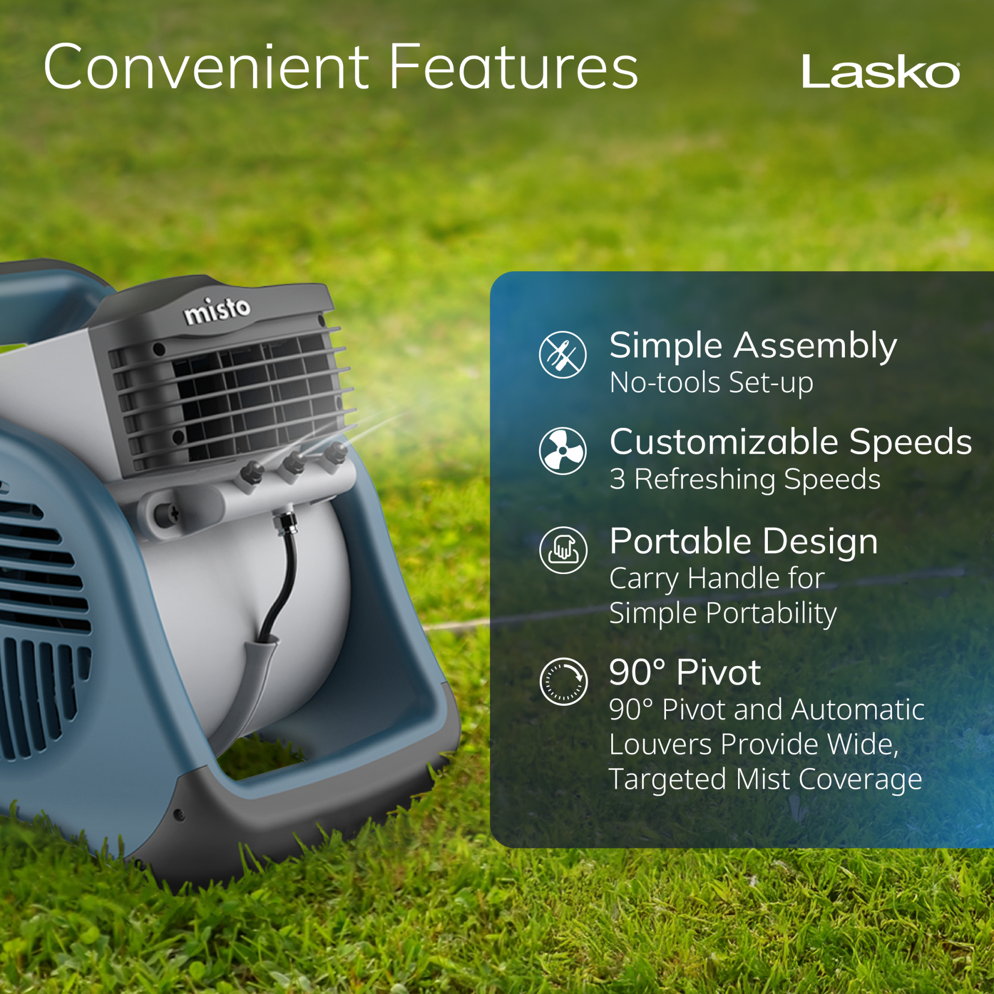 Lasko Misto 15 Outdoor Misting Fan: 3-Speed. Pivoting. Powered Louvers. Blue - Image 5