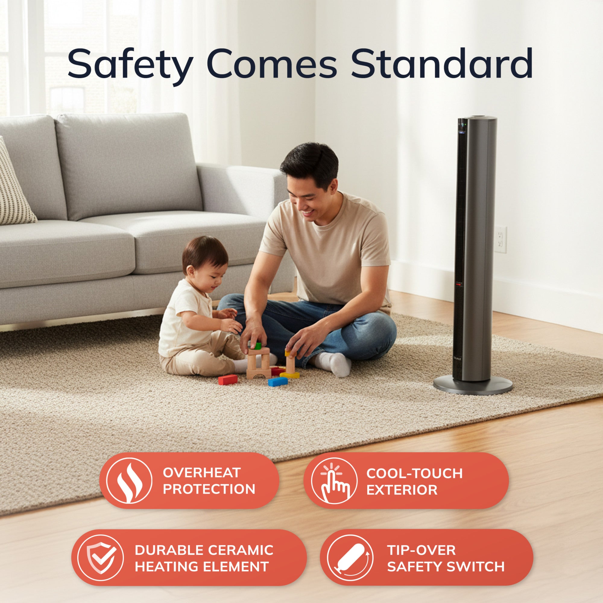 Lasko DUO Comfort 42 DC Tower Fan and Ceramic Space Heater: Oscillating. 3 Heat Settings. 8 Fan Speeds. Remote. Timer. Tip-Over Switch. Child Lock. Gray - Image 4