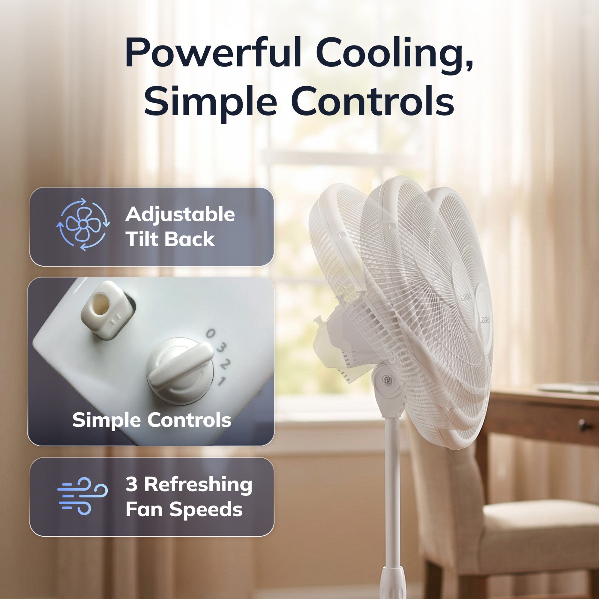 Lasko 16 Pedestal Fan: Oscillating. 3-Speed. Adjustable Height. White - Image 3