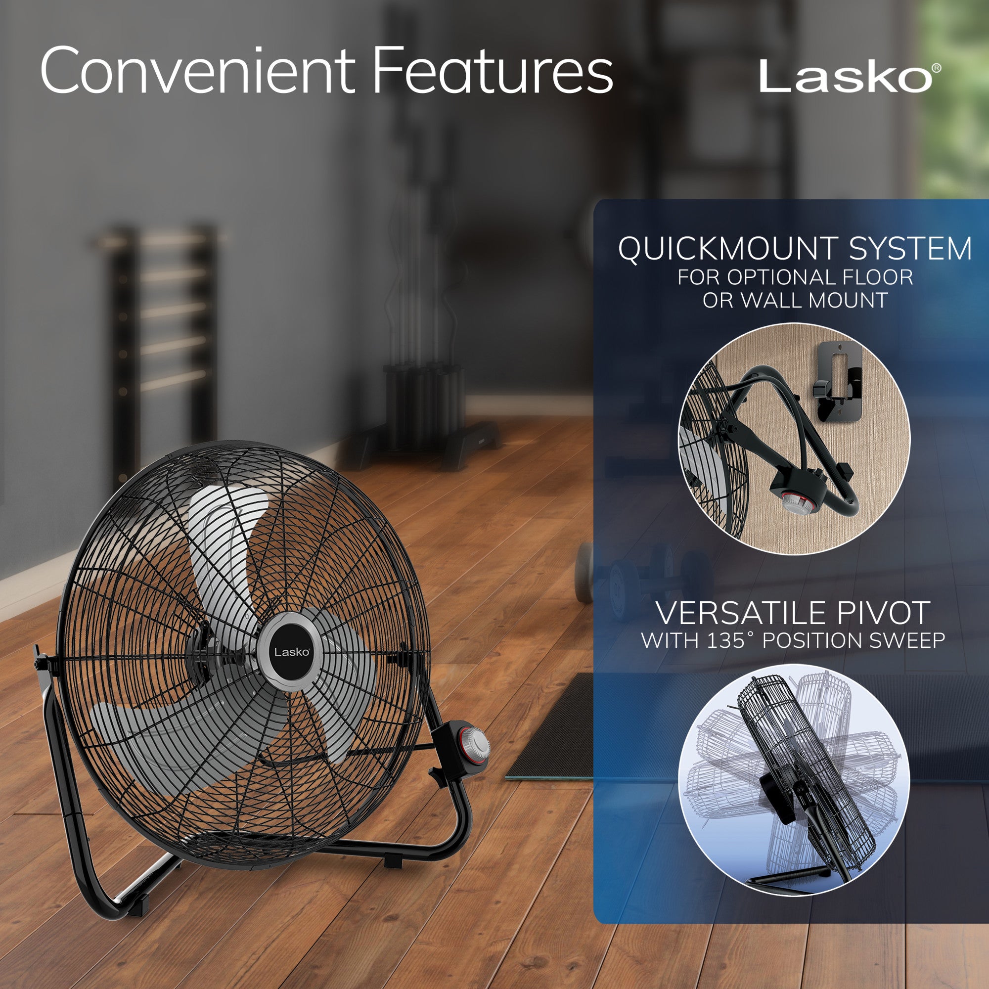 Lasko 20 High Velocity Floor Fan: Wall Mount. 3-Speed. Pivoting. Black - Image 5