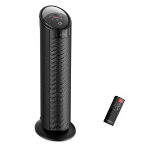 Lasko 22 Ceramic Tower Space Heater: Oscillating. 3 Heat Settings. Remote. Timer. Tip-Over Switch. Child Lock. Thermostat. Black