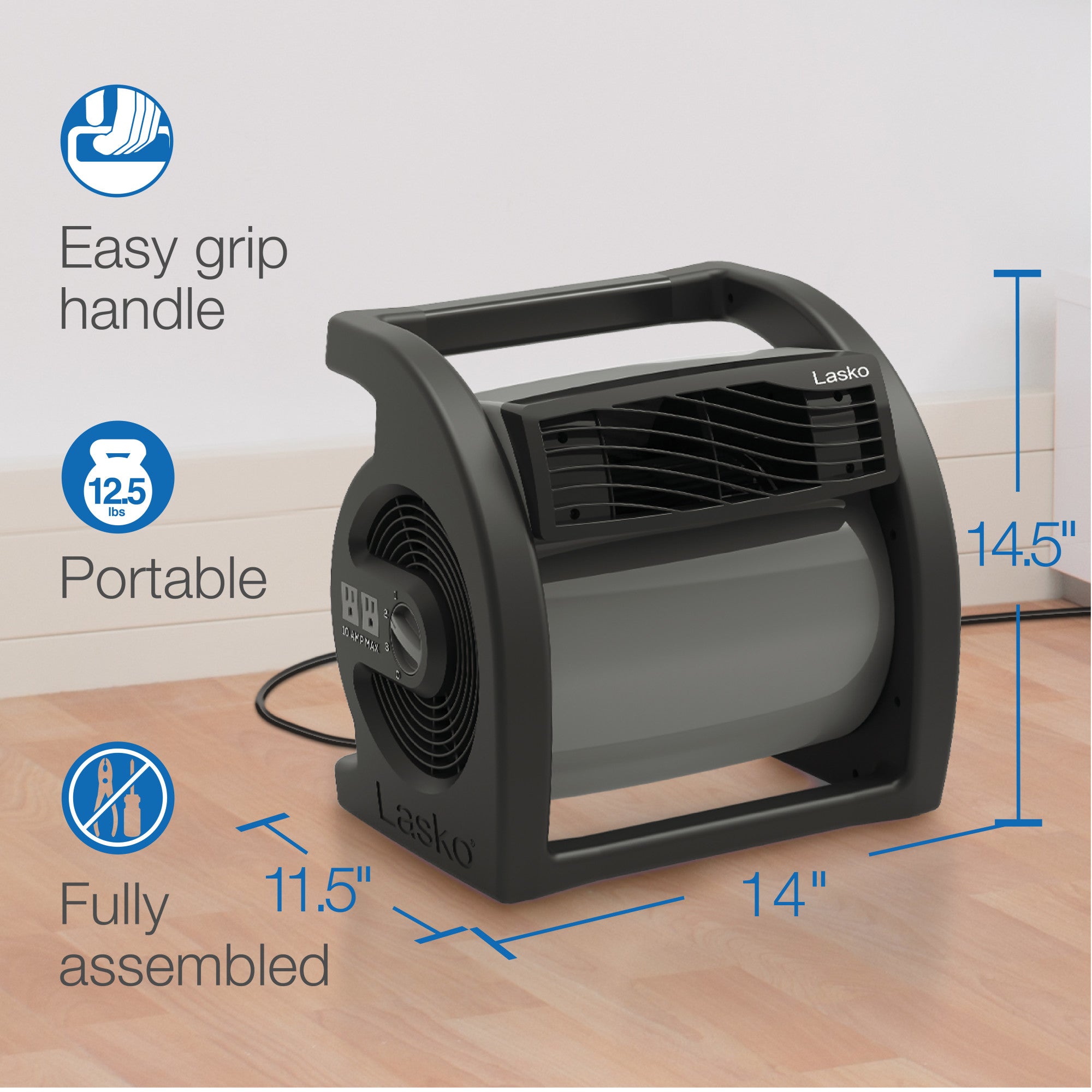 Lasko Max Performance 15 Air Mover Blower Fan: 3-Speed. High Velocity. 2 Outlets. Black - Image 6