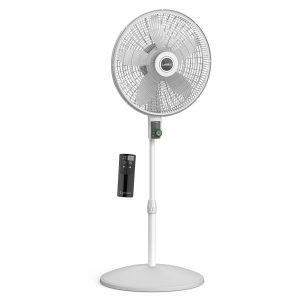 Lasko EcoQuiet 18 DC Pedestal Fan: Oscillating. 12-Speed. Remote. White