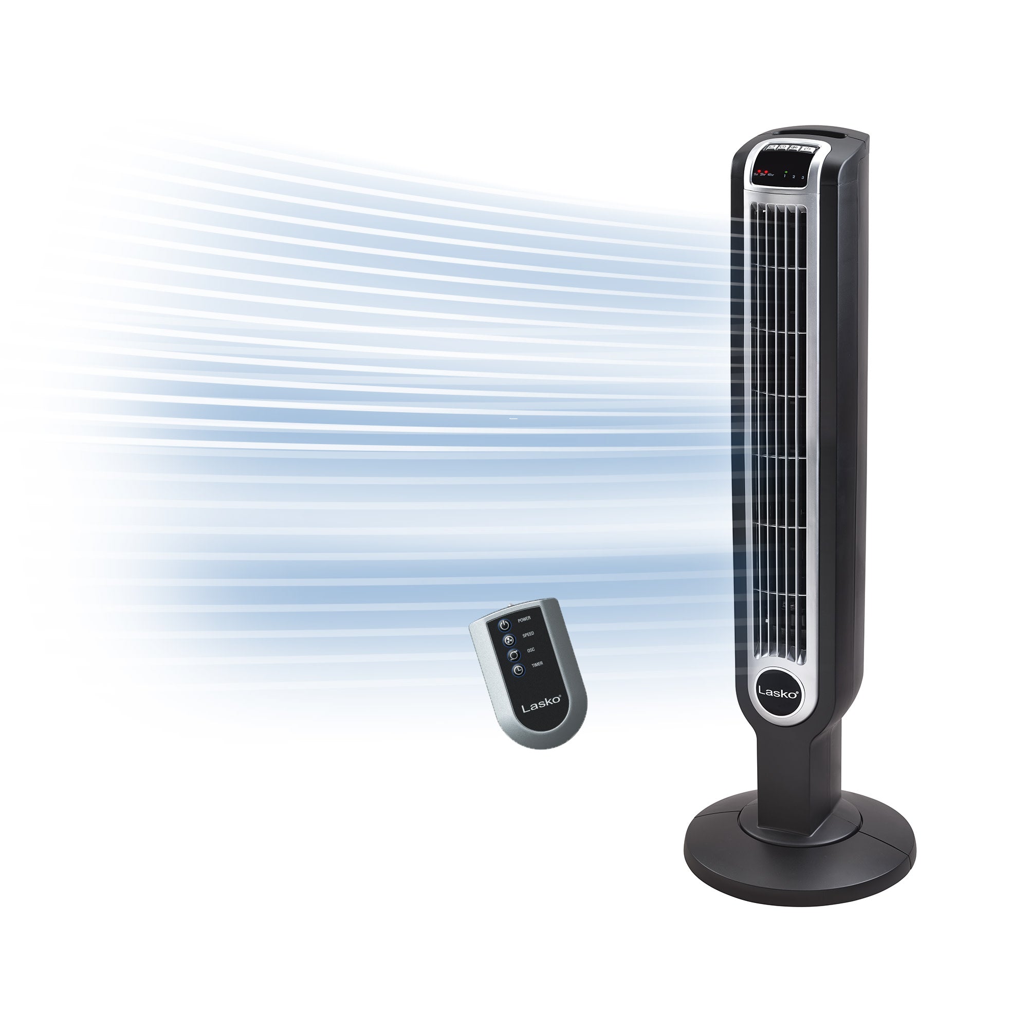 Lasko 36 Tower Fan: Oscillating. 3-Speed. Remote. Timer. Black