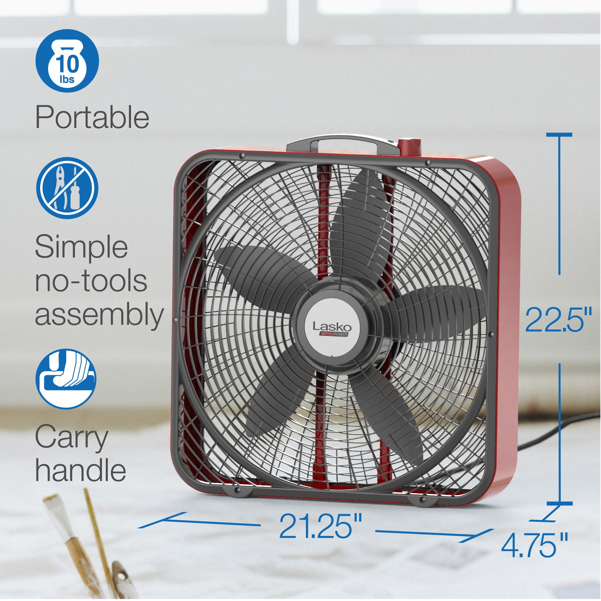 Lasko Pro Power 20 Box Fan: 3-Speed. Weather-Resistant Motor. Red - Image 6