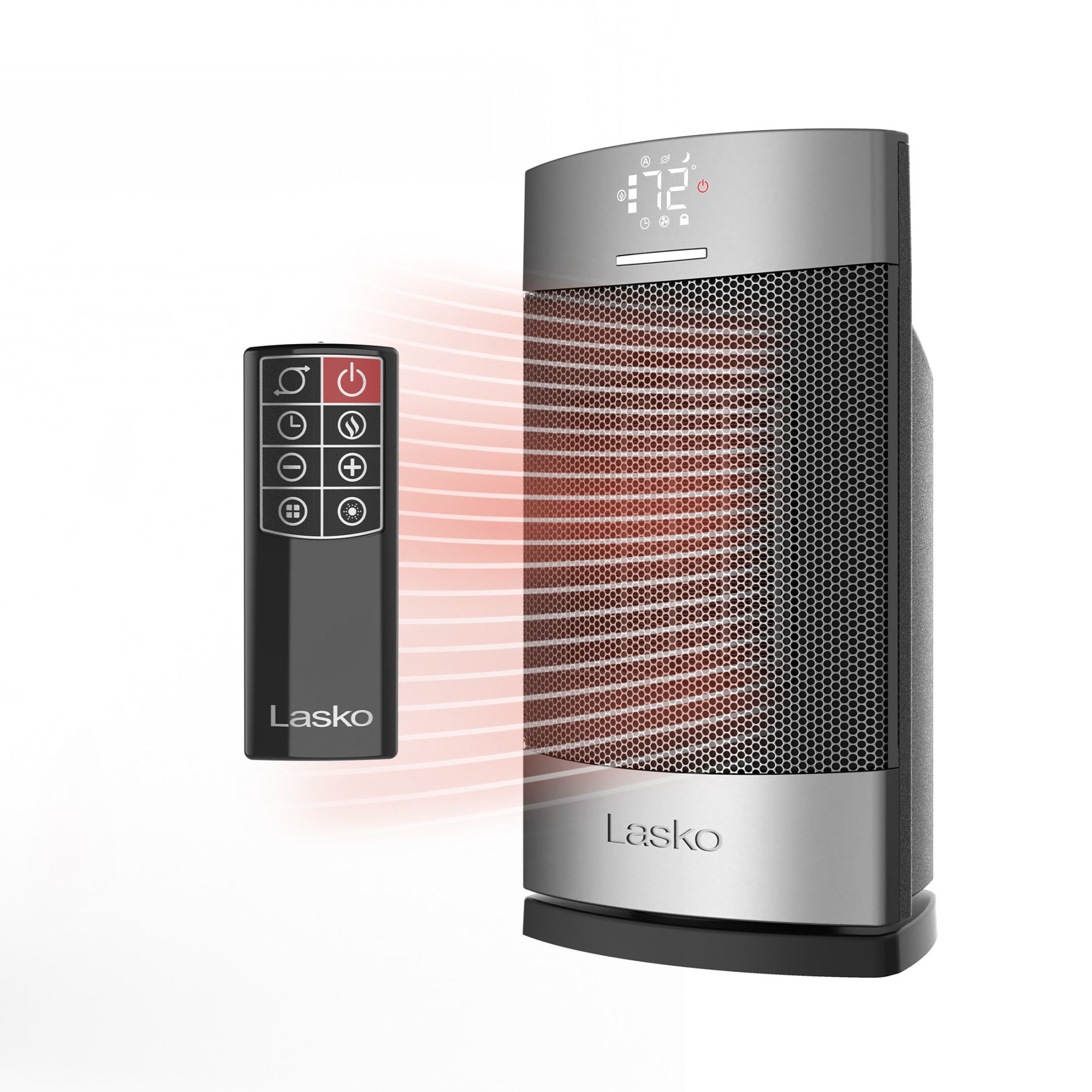 Lasko Ellipse 12 Ceramic Tower Space Heater: Oscillating. 3 Heat Settings. Remote. Timer. Tip-Over Switch. Child Lock. Thermostat. Silver