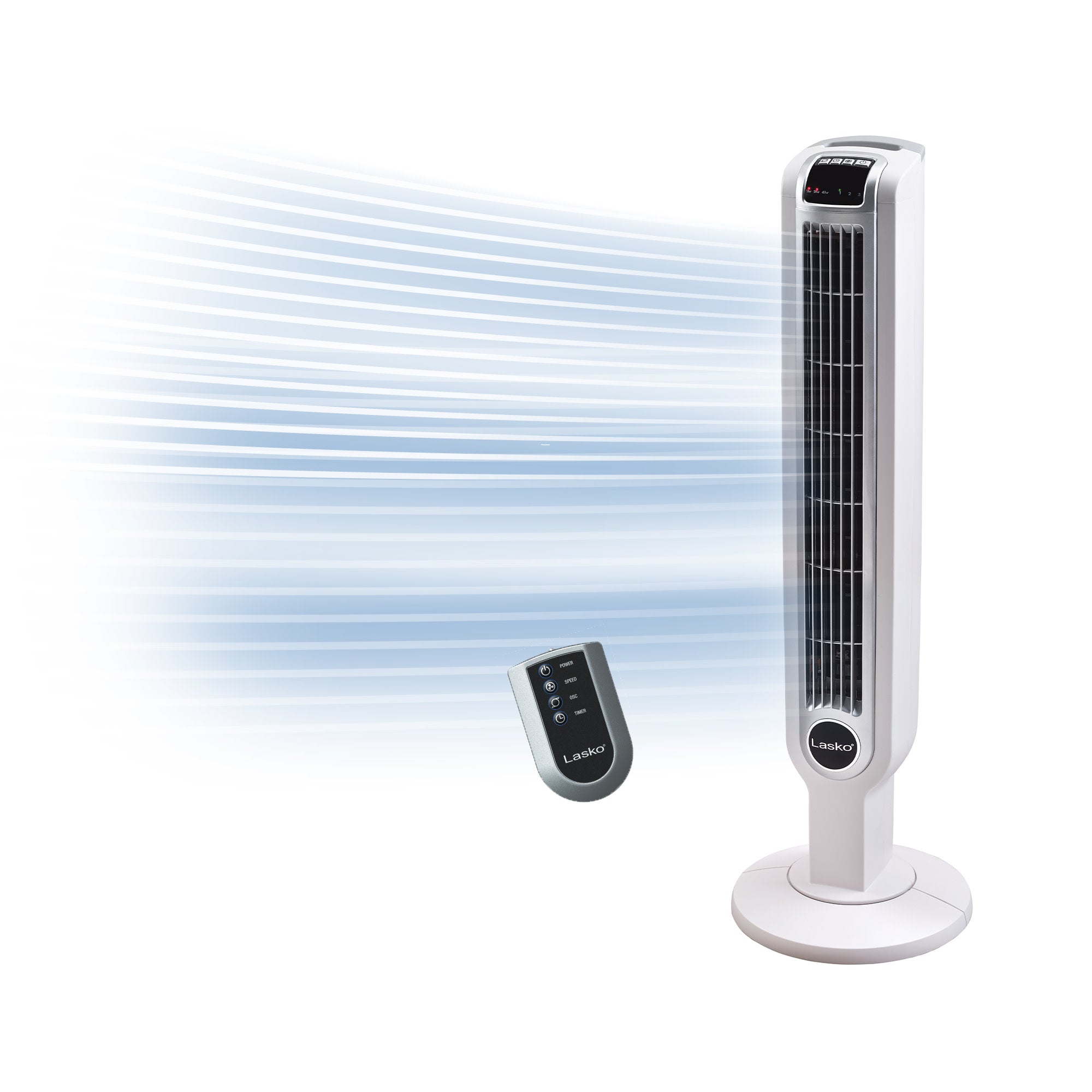 Lasko 36 Tower Fan: Oscillating. 3-Speed. Remote. Timer. White