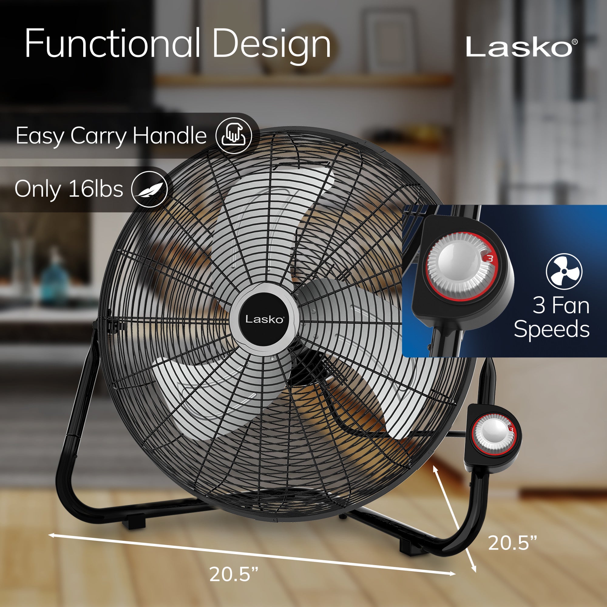 Lasko 20 High Velocity Floor Fan: Wall Mount. 3-Speed. Pivoting. Black - Image 3